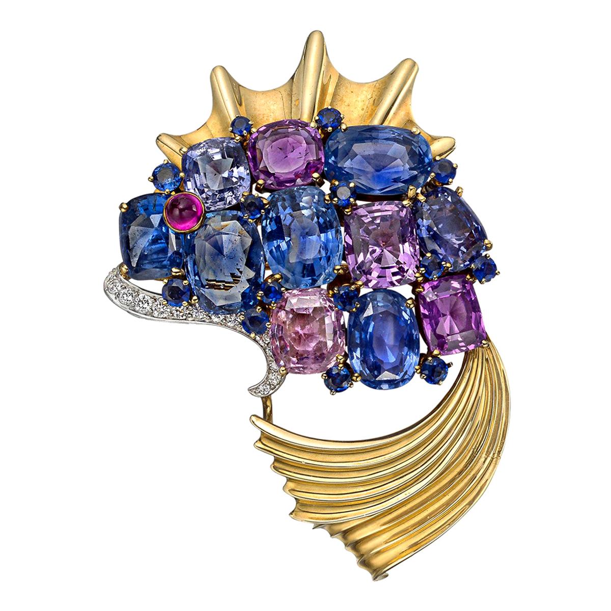 Mauboussin 1939 New York World’s Fair Multicolored Sapphire Fish Brooch For Sale