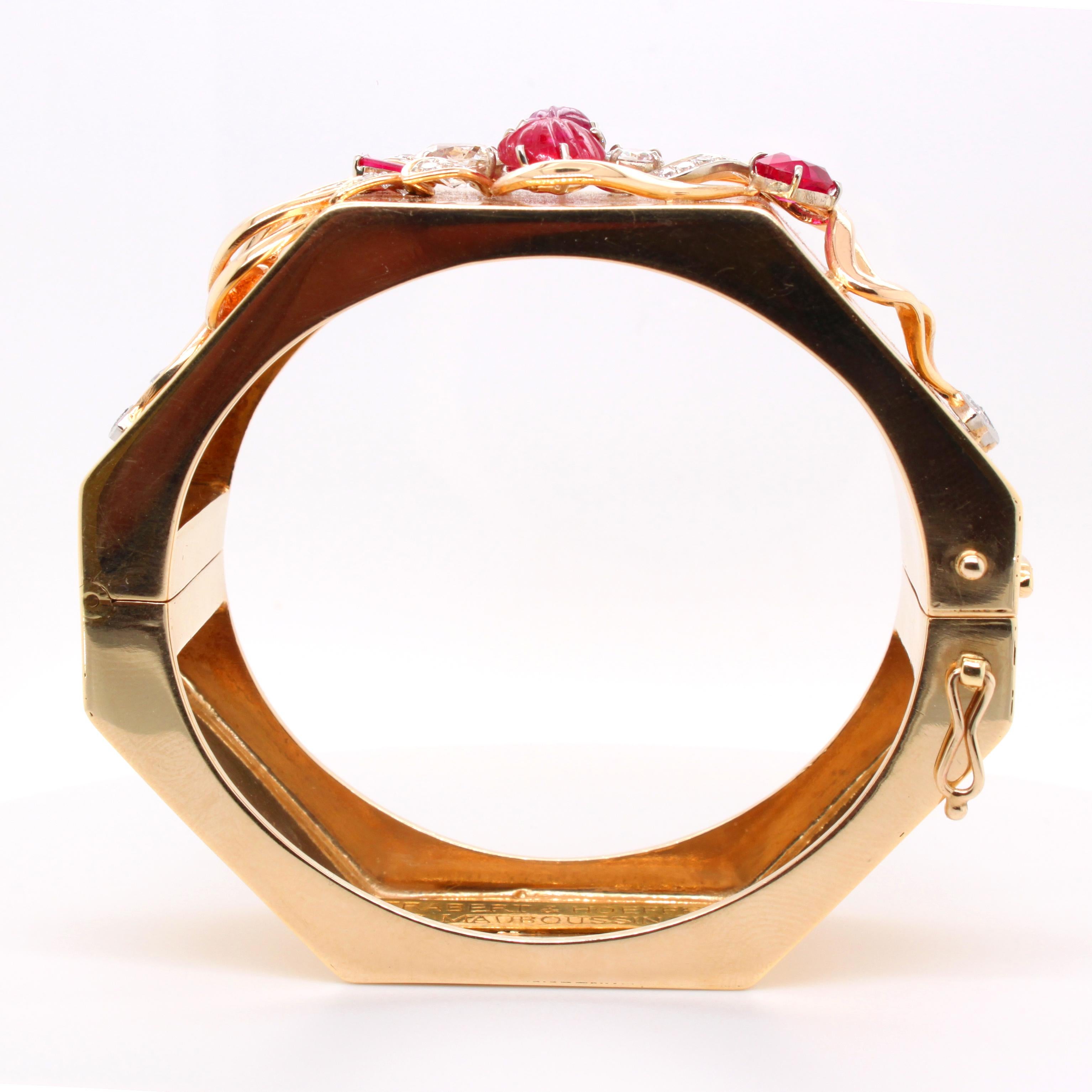 Antique Cushion Cut Retro Mauboussin Trabert Hoeffer Ruby and Diamond Gold Bangle, circa 1940s