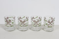 Retro MCM 1970s - Set of 4 Tennis Theme Printed Bar Rocks Glasses