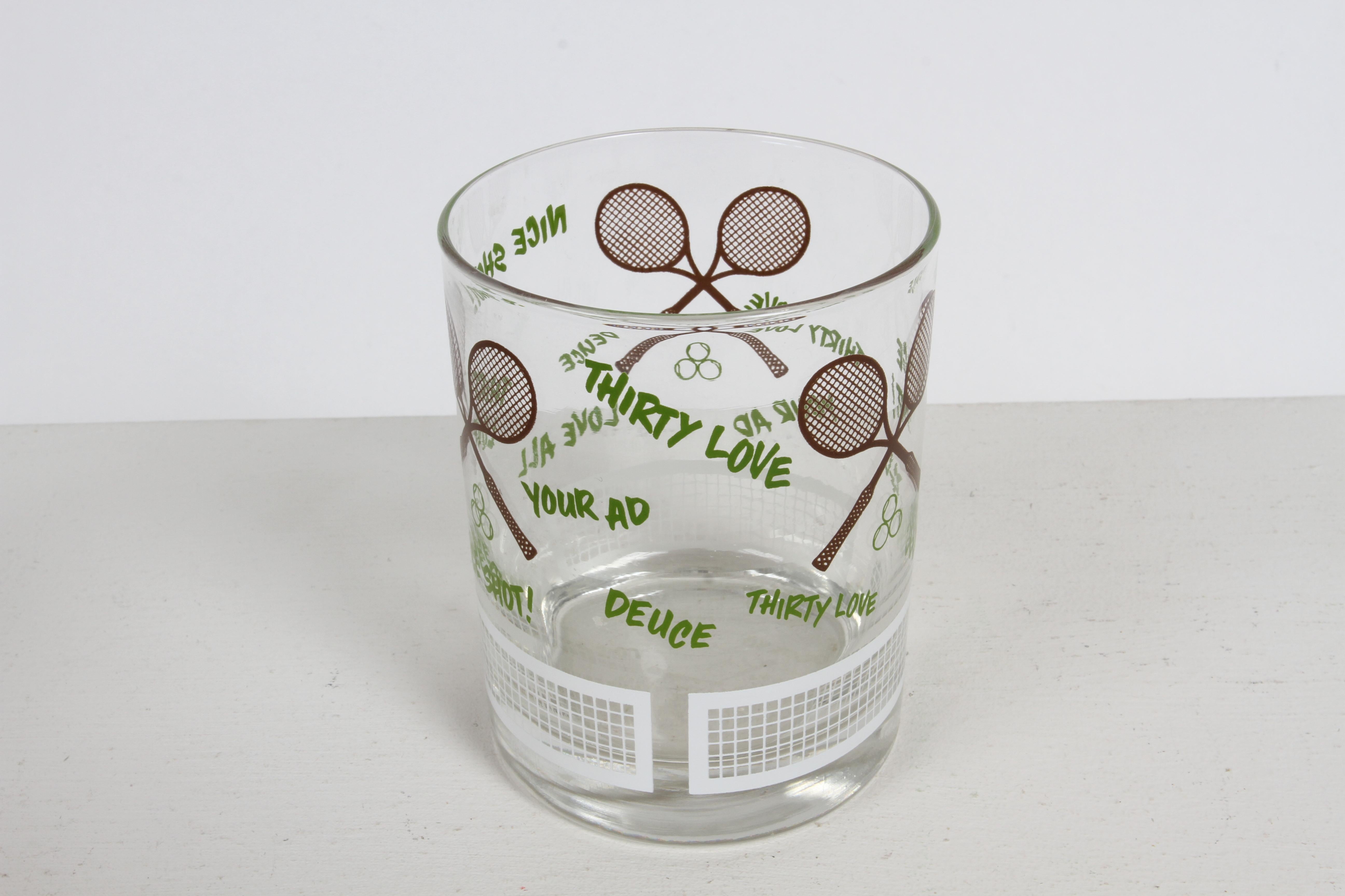 American Retro MCM 1970s - Set of 4 Tennis Theme Printed Bar Rocks Glasses For Sale