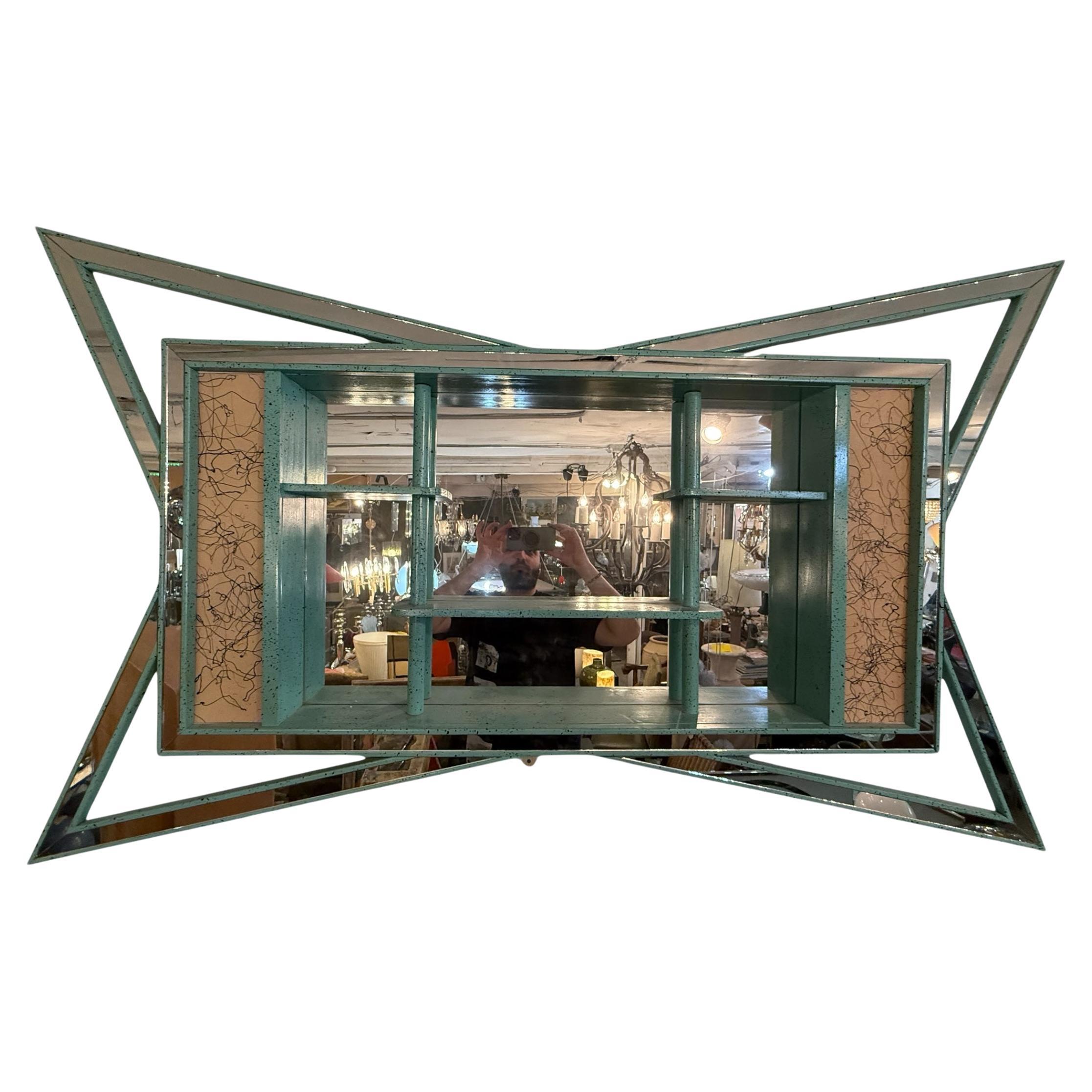 This Retro Mid-Century Modern 50s Atomic Style display mirror shelf with side lights is a stunning piece that brings vintage flair and functional lighting to your space. The sleek mirror surface, accented by bold atomic-style details, is