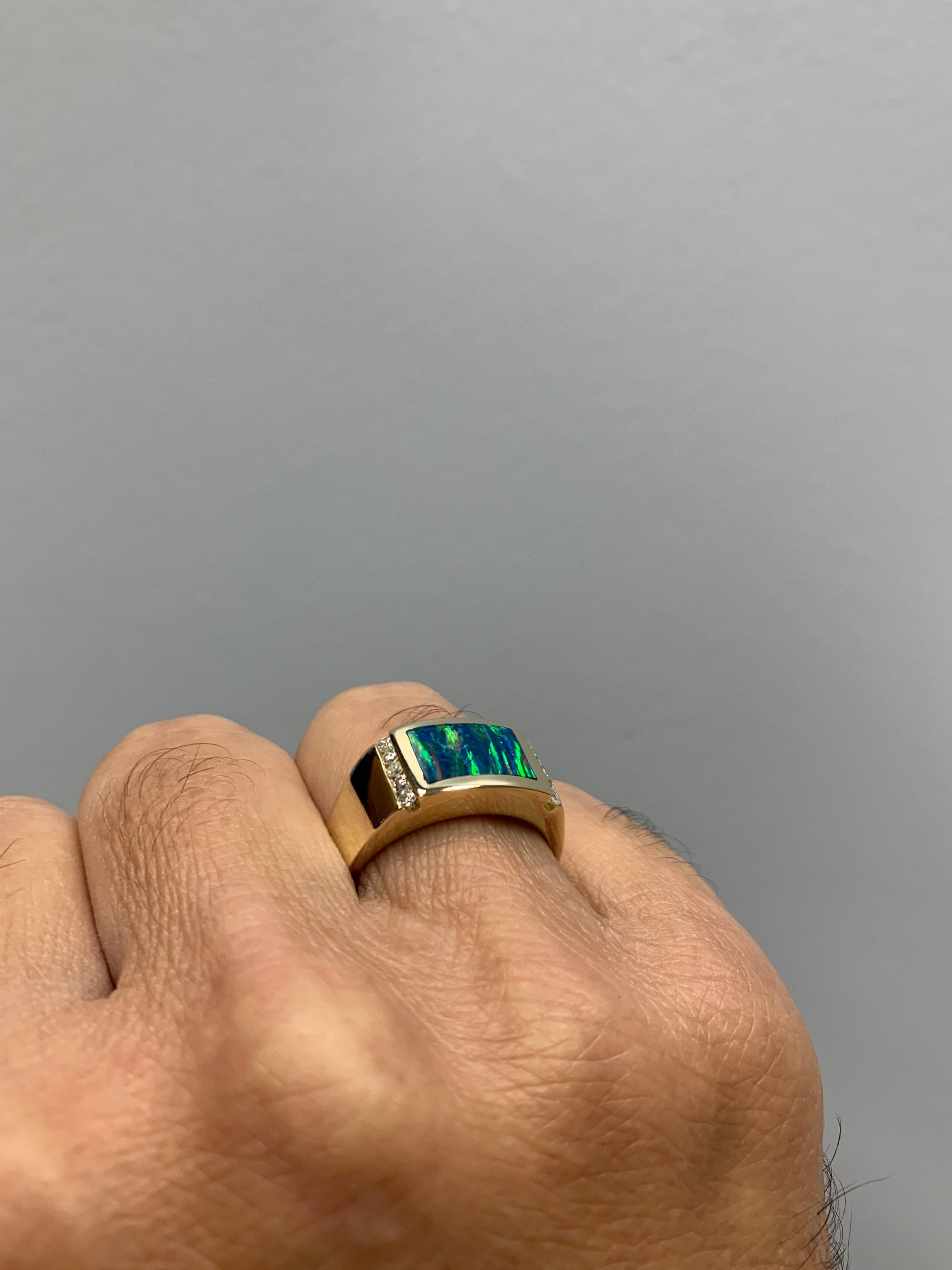 Retro Men's Gold Ring Natural Opal Gem Stone and .30 Carat Diamond, circa 1970 6