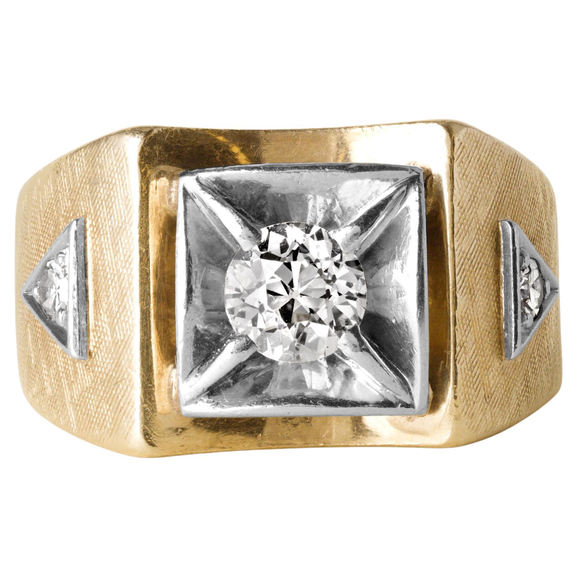 Diamante retro para hombre de 0,65 quilates de corte europeo antiguo de oro de dos tonos de 14 quilates en venta