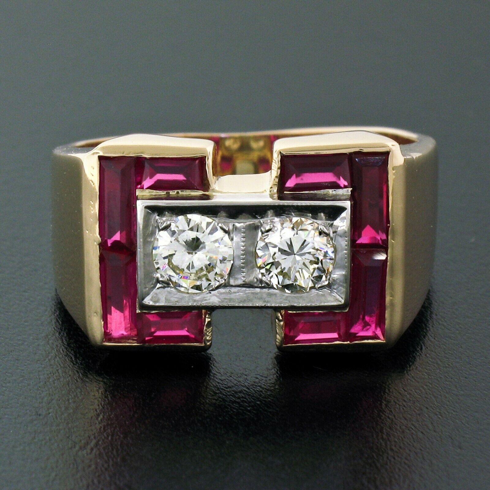 You are looking at an amazing men's retro ring crafted in solid 14k rosy yellow gold and features 2 large diamonds set at its center and wonderful synthetic ruby stones that accent both sides of its unique, wide design. The diamonds display