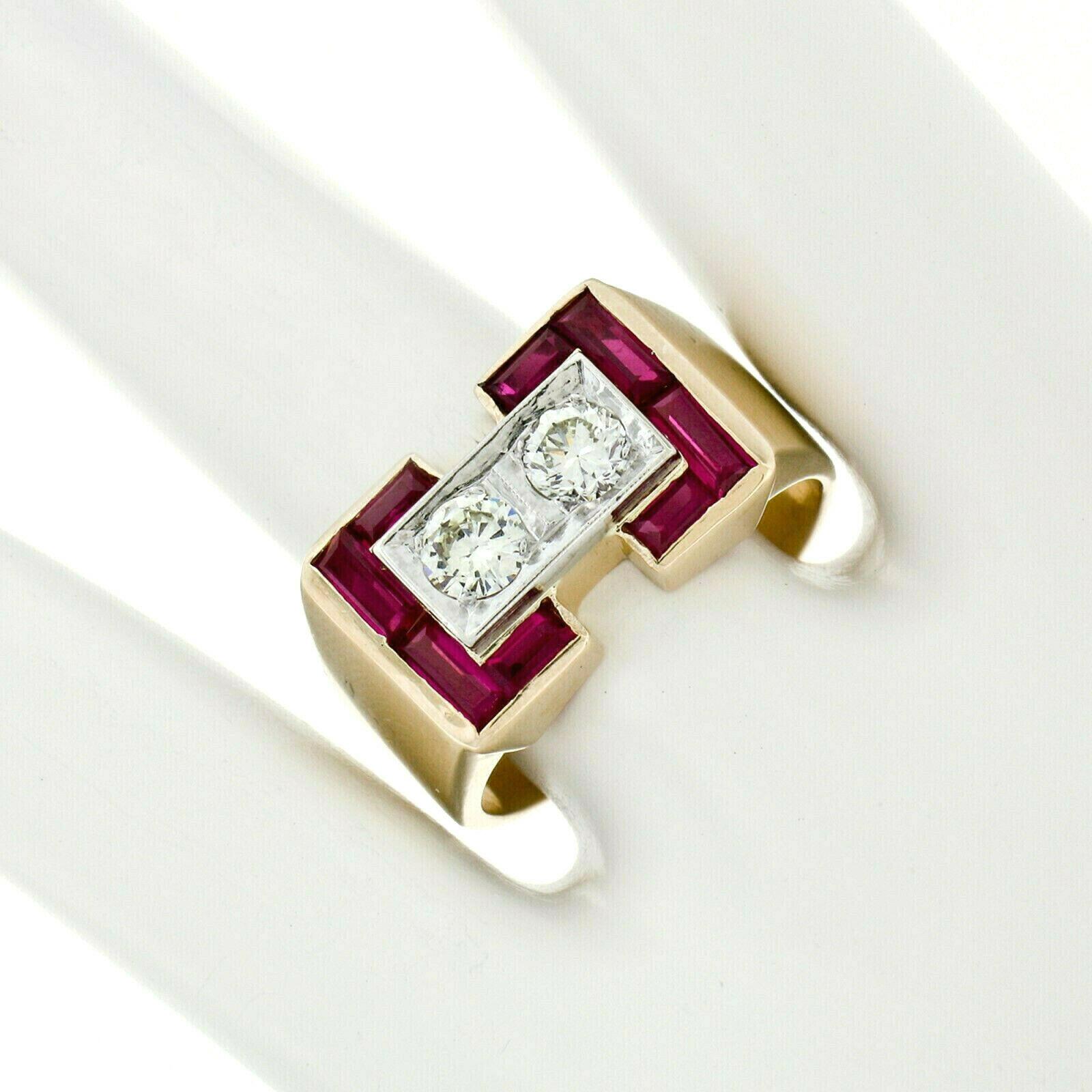Round Cut Retro Men's 14K Rosy Yellow Gold 0.56ctw Diamond & Baguette Ruby Wide Band Ring