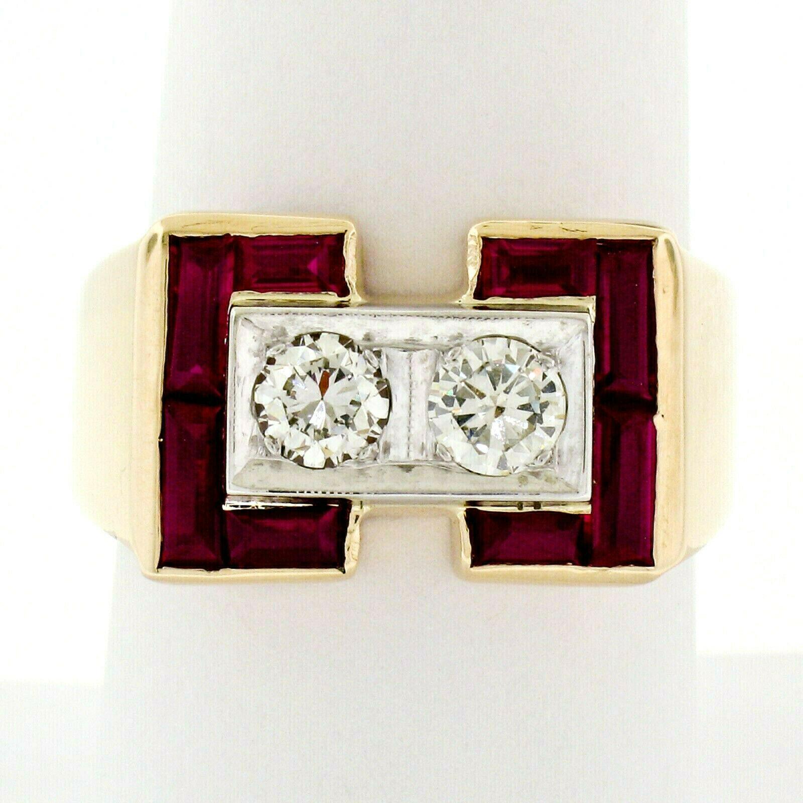 Retro Men's 14K Rosy Yellow Gold 0.56ctw Diamond & Baguette Ruby Wide Band Ring In Good Condition In Montclair, NJ