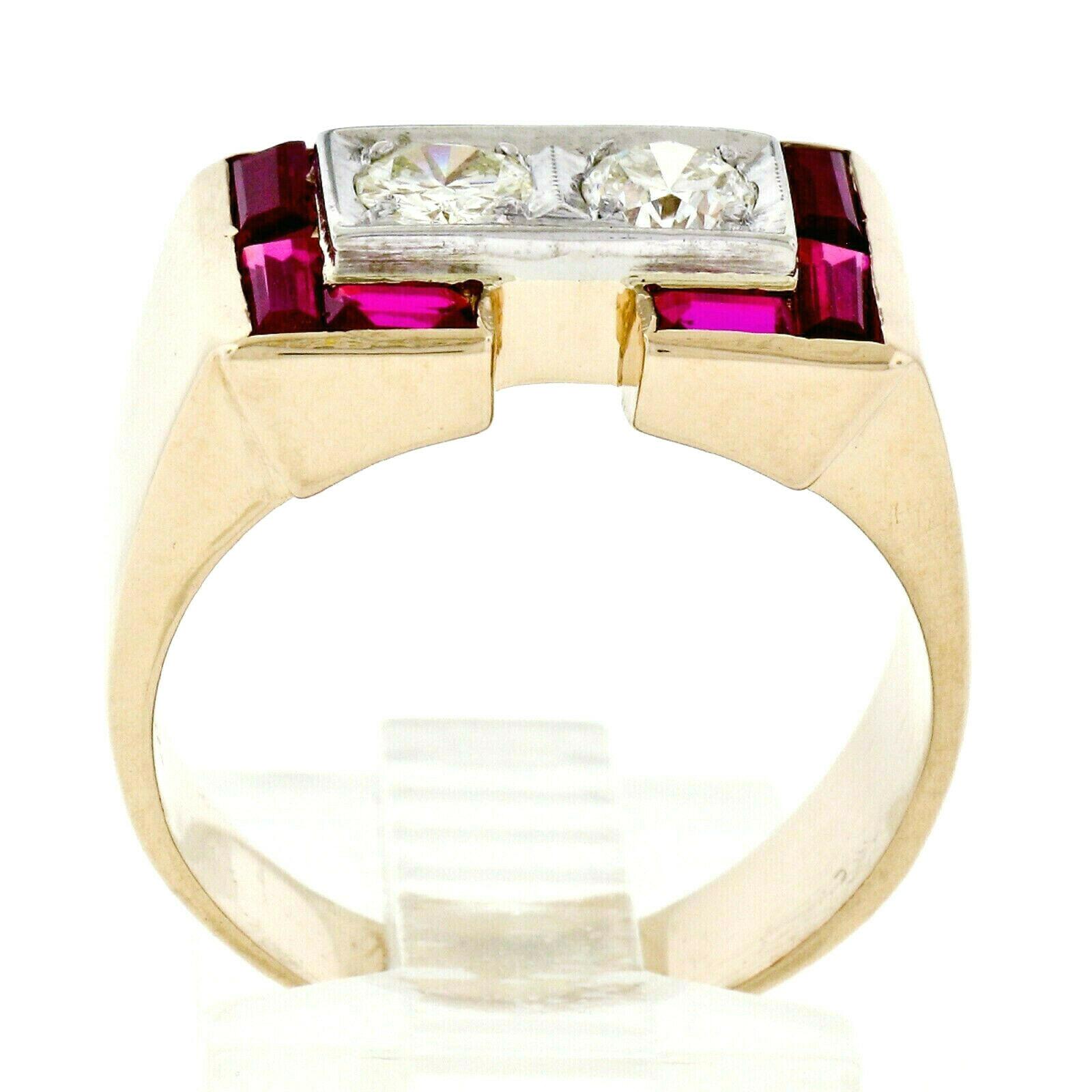 Retro Men's 14K Rosy Yellow Gold 0.56ctw Diamond & Baguette Ruby Wide Band Ring 1