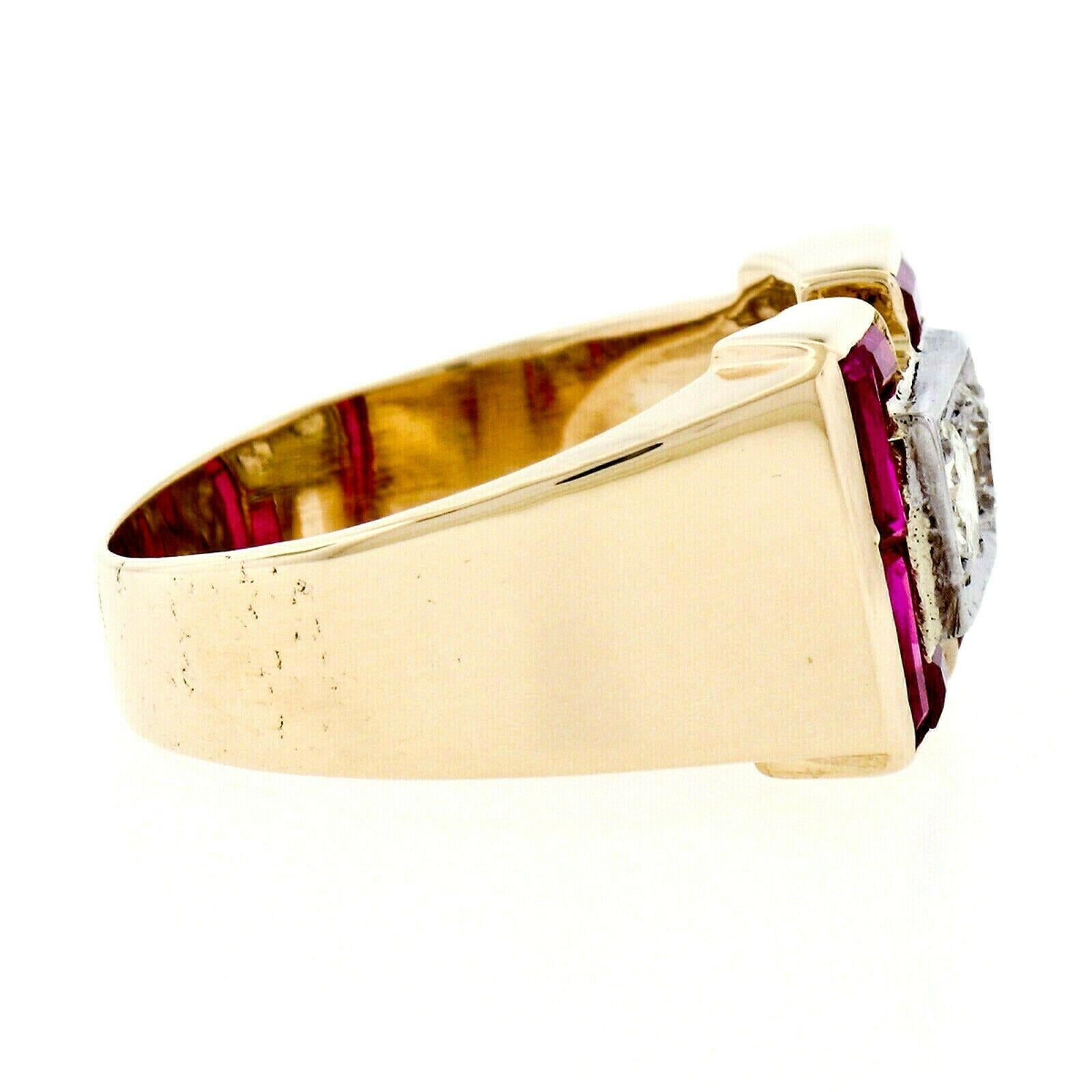 Retro Men's 14K Rosy Yellow Gold 0.56ctw Diamond & Baguette Ruby Wide Band Ring 3