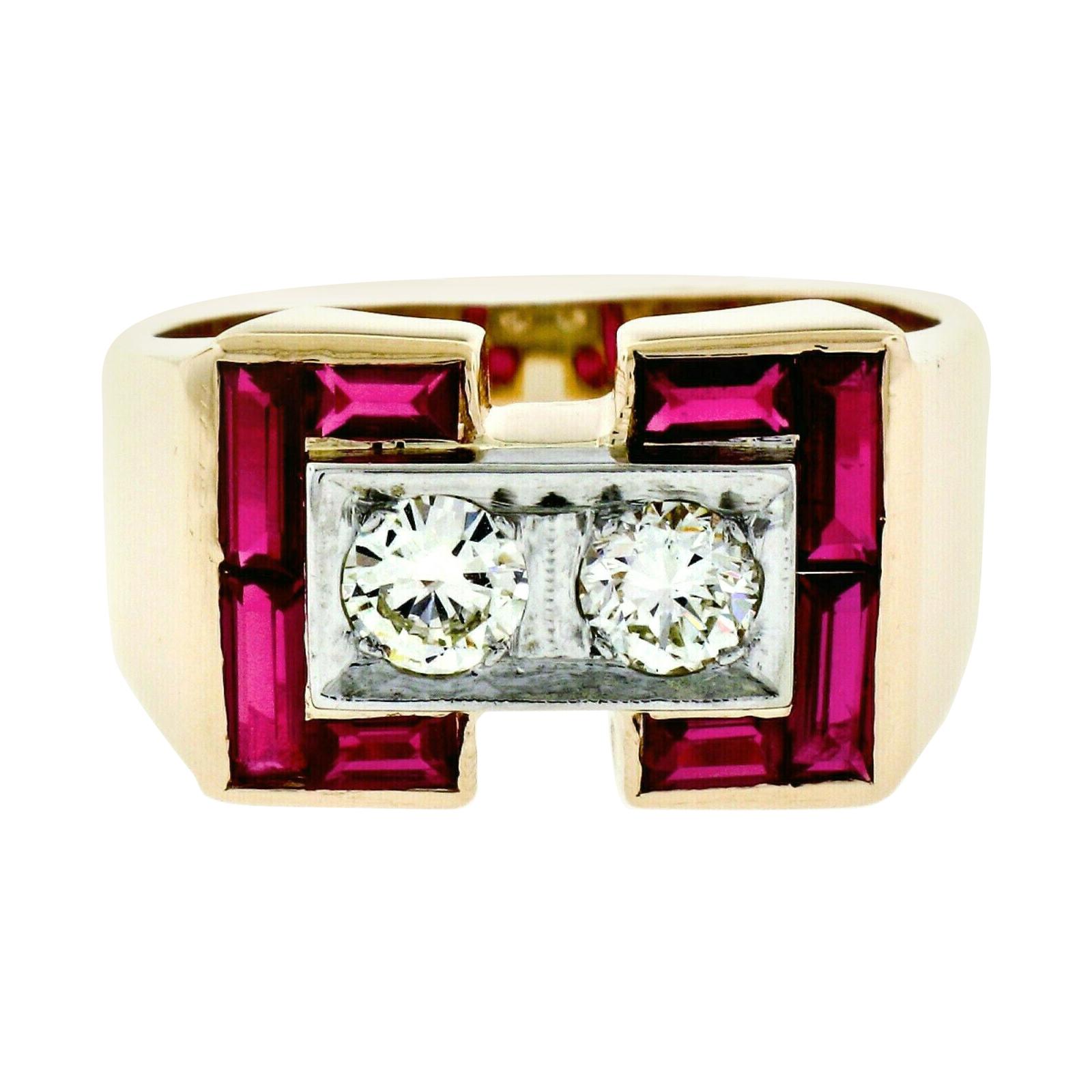 Retro Men's 14K Rosy Yellow Gold 0.56ctw Diamond & Baguette Ruby Wide Band Ring