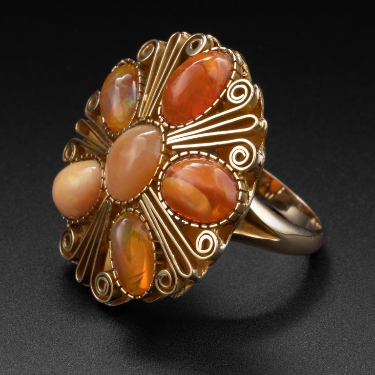 Retro Mexican Fire Opal Ring Certified 5.5 Carats Circa 1940s For Sale