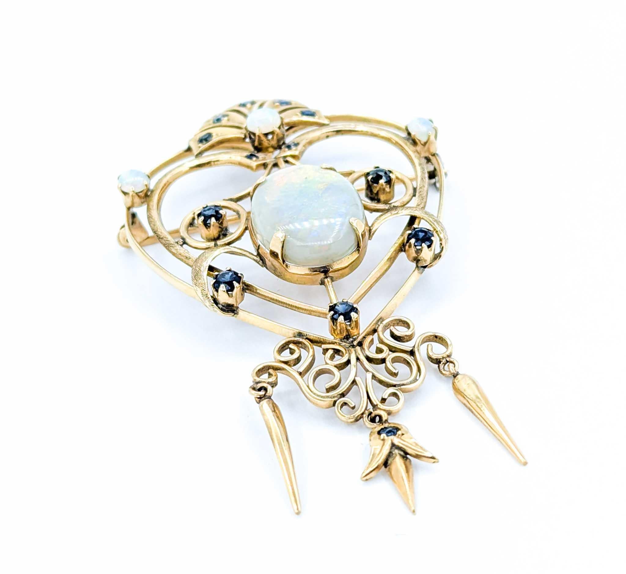 Retro Mid-Century 7.50ct Opal & Sapphire Brooch in Yellow Gold For Sale 5