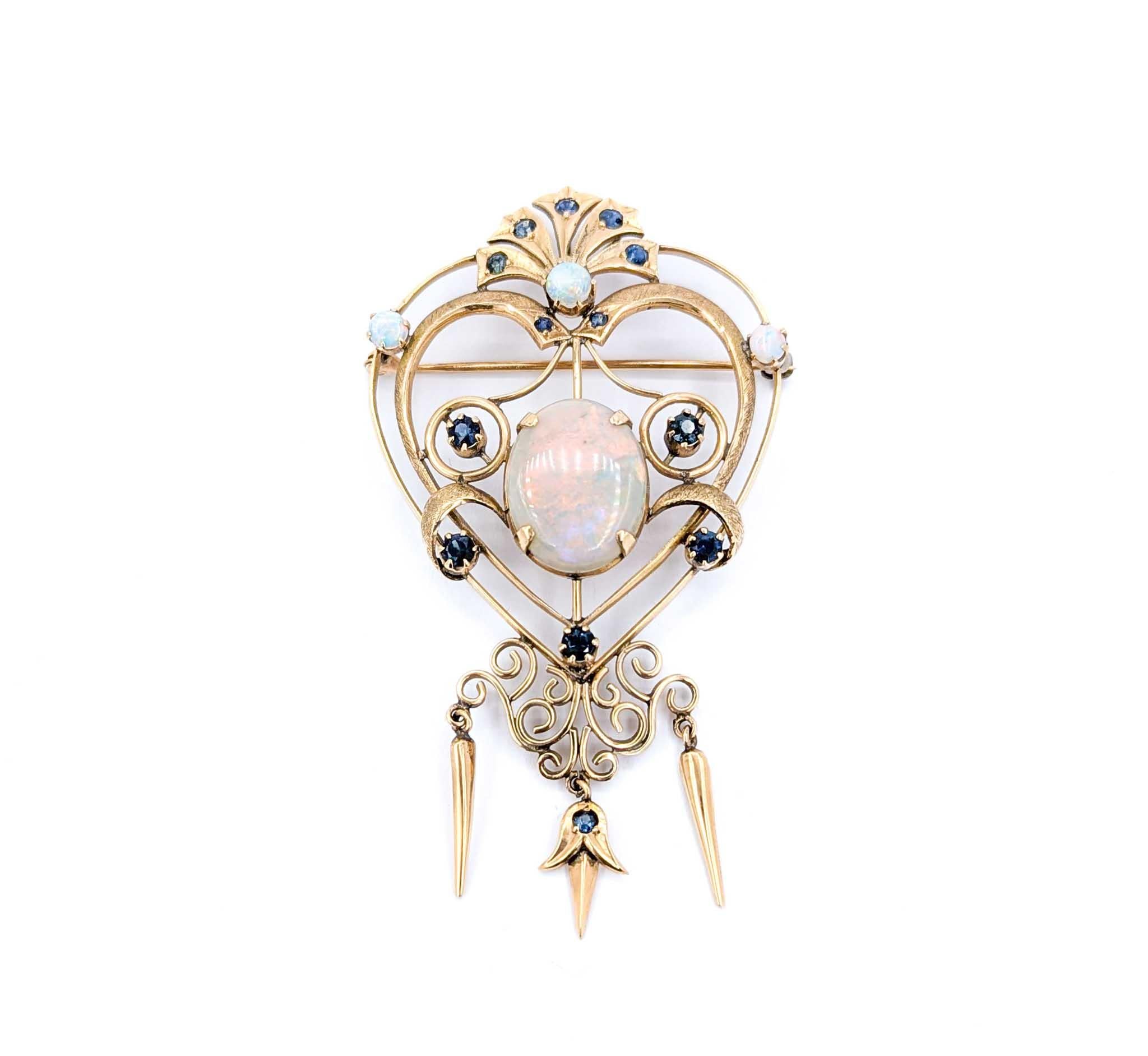 Retro Mid-Century 7.50ct Opal & Sapphire Brooch in Yellow Gold For Sale 6