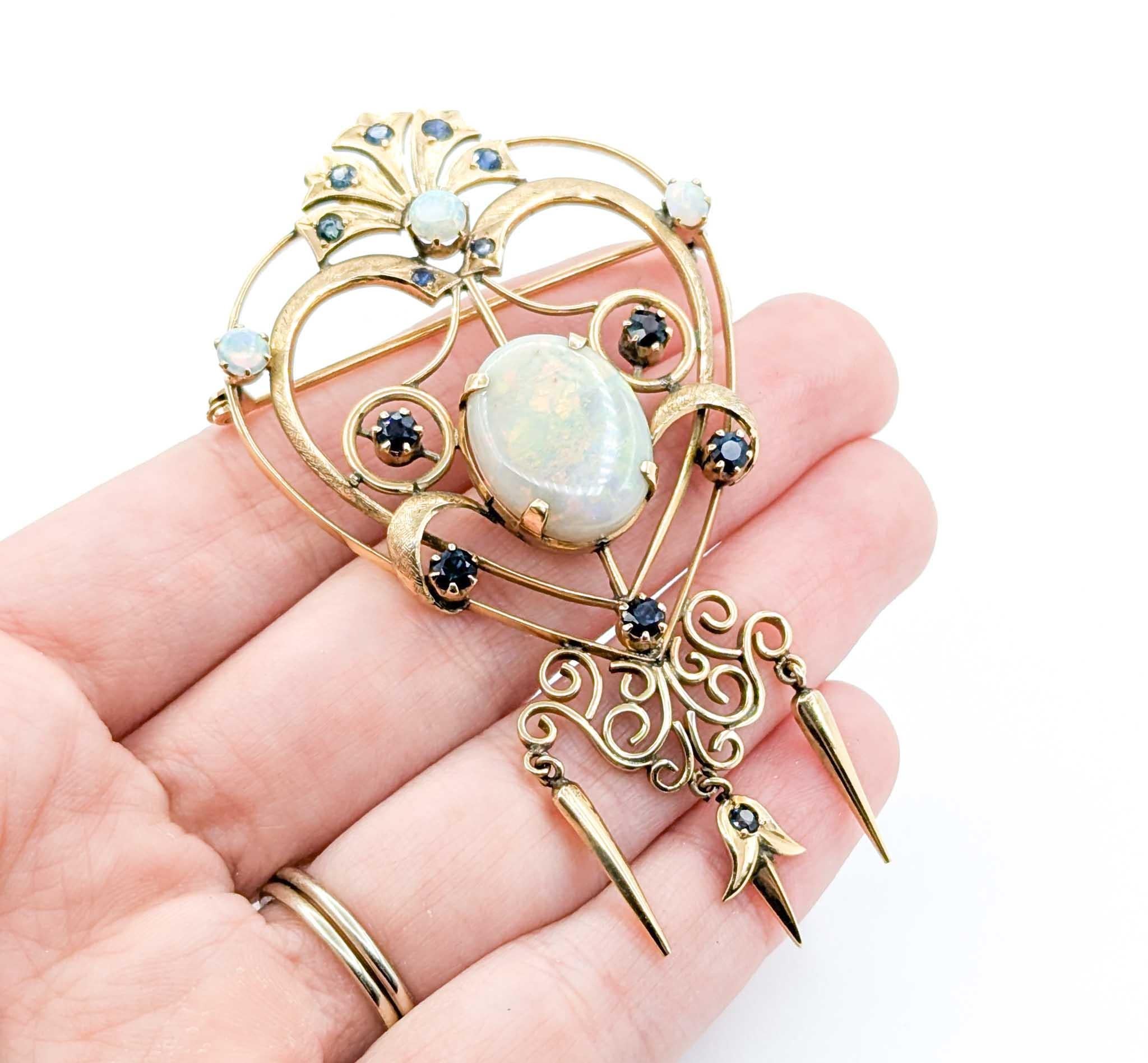 Cabochon Retro Mid-Century 7.50ct Opal & Sapphire Brooch in Yellow Gold For Sale