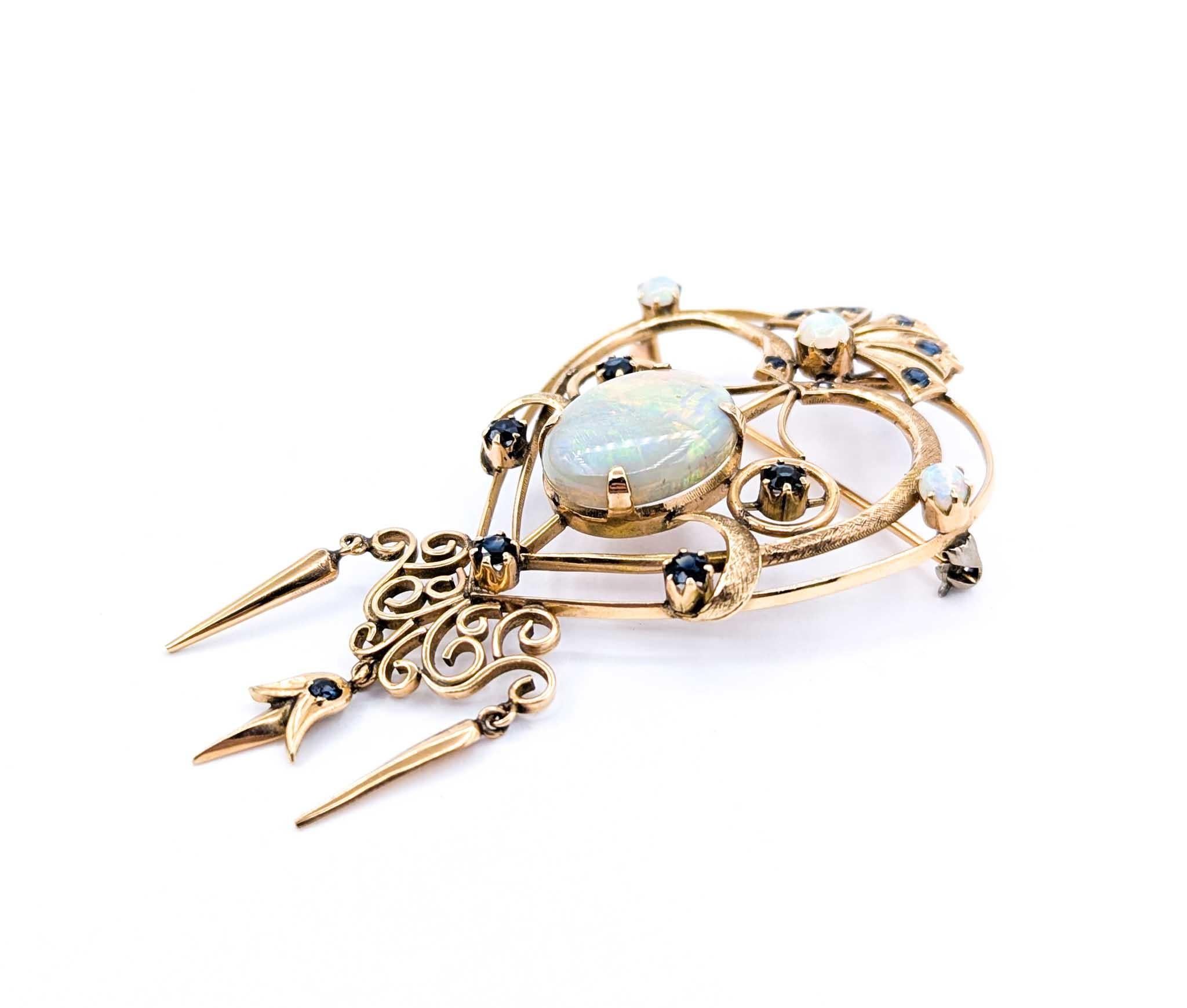 Women's or Men's Retro Mid-Century 7.50ct Opal & Sapphire Brooch in Yellow Gold For Sale
