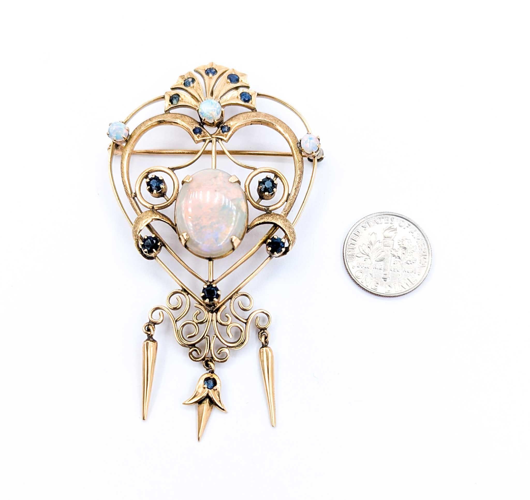 Retro Mid-Century 7.50ct Opal & Sapphire Brooch in Yellow Gold For Sale 1
