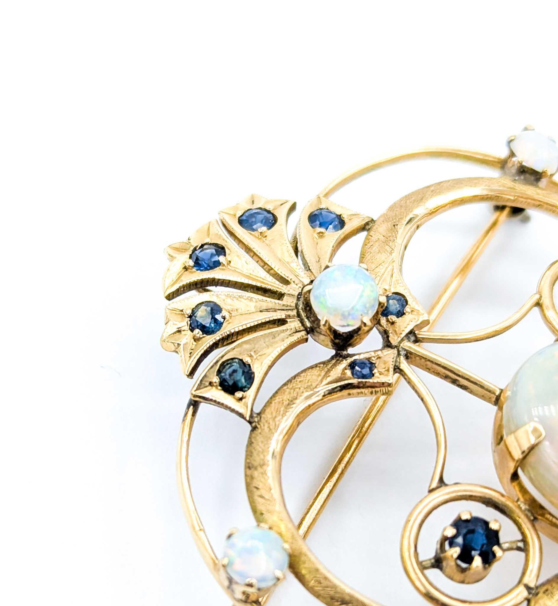 Retro Mid-Century 7.50ct Opal & Sapphire Brooch in Yellow Gold For Sale 2