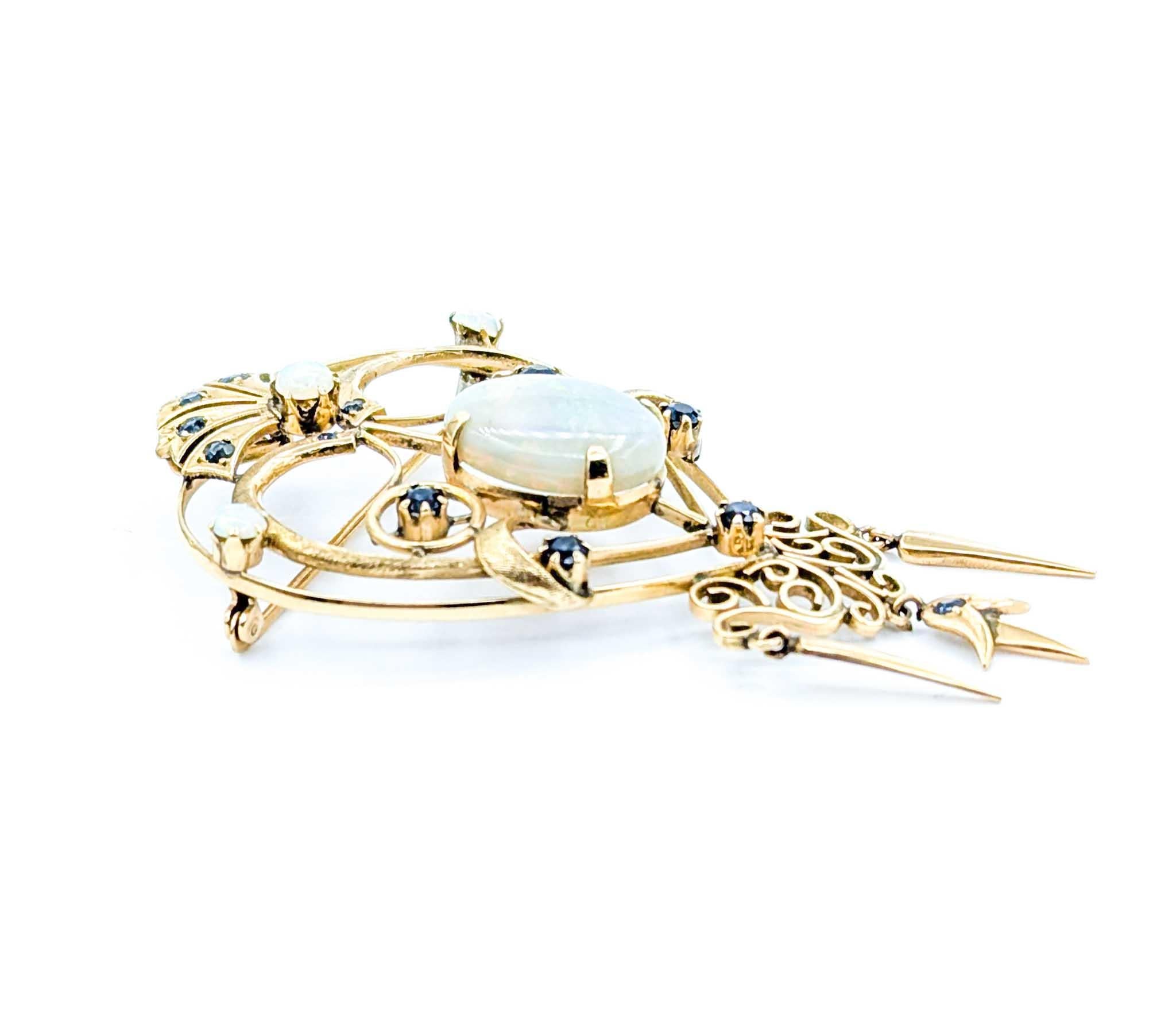 Retro Mid-Century 7.50ct Opal & Sapphire Brooch in Yellow Gold For Sale 3
