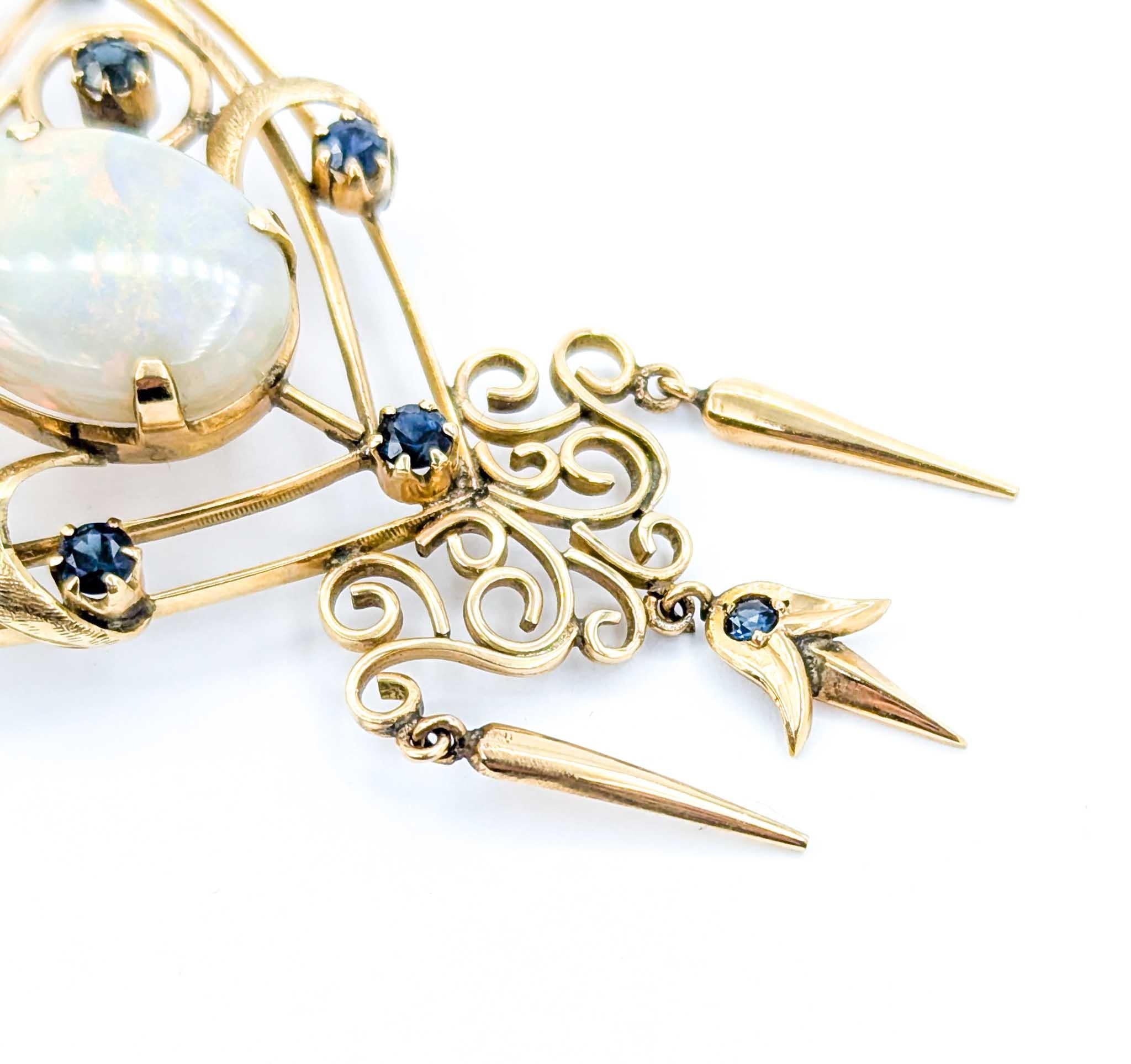 Retro Mid-Century 7.50ct Opal & Sapphire Brooch in Yellow Gold For Sale 4