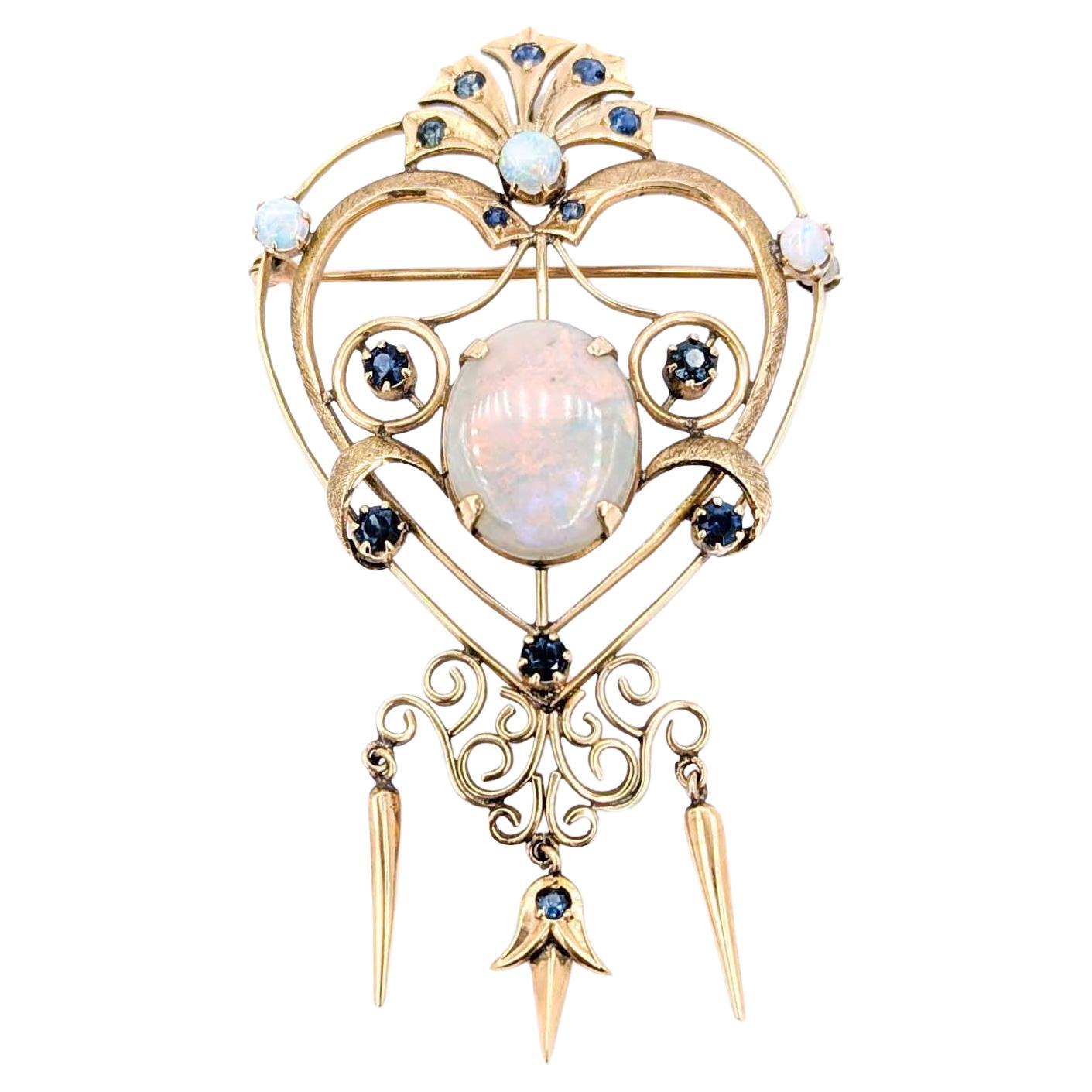 Retro Mid-Century 7.50ct Opal & Sapphire Brooch in Yellow Gold