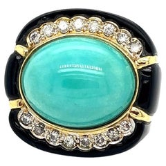 Retro Mid-Century Cabochon Turquoise , Onyx & Diamond Cocktail Ring, in 18K Gold