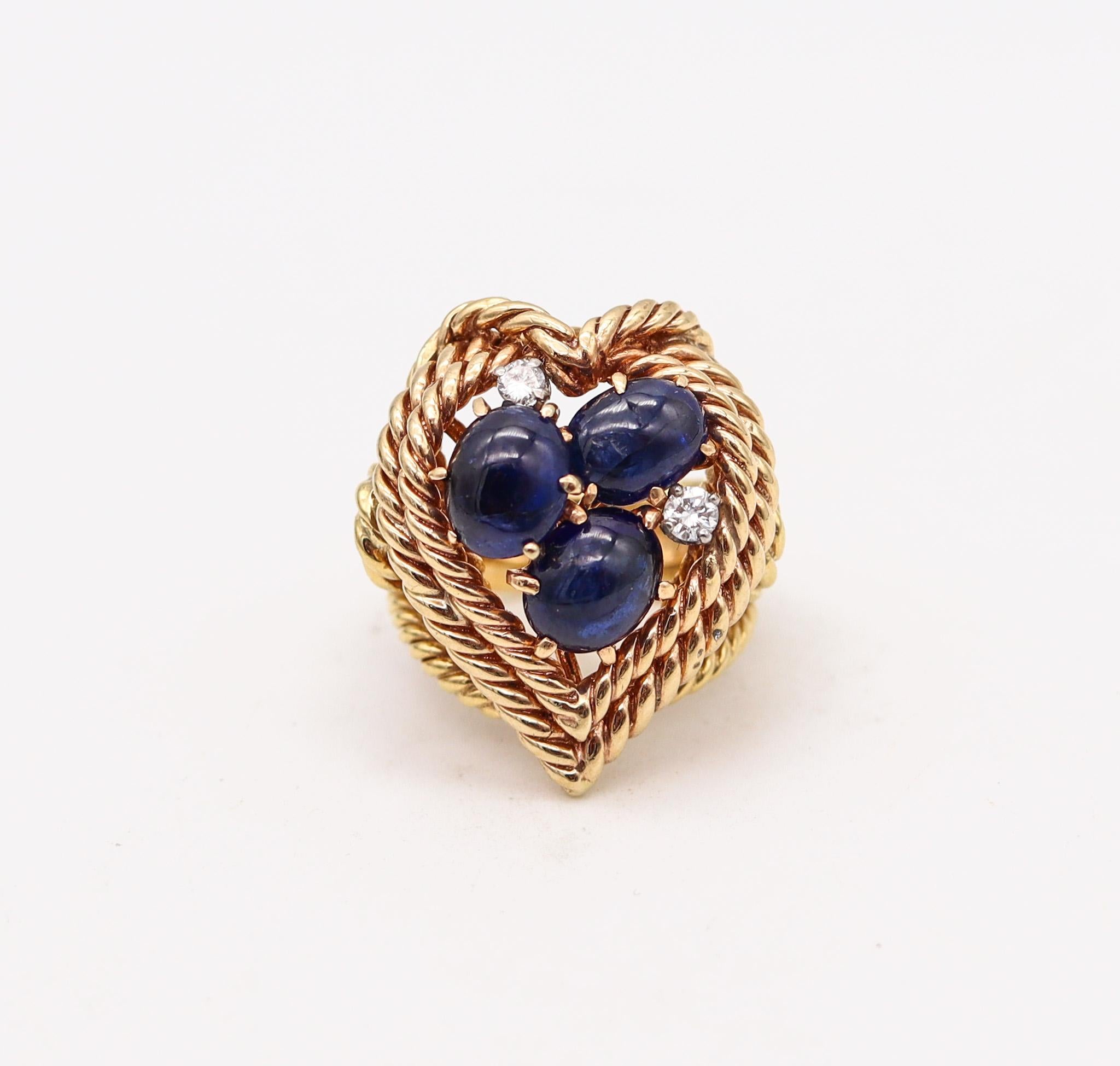 Retro cocktail ring from the mid century.

Beautiful cocktail ring, crafted in Italy during the mid century period, back in the 1960. It was crafted by multiples twisted wires attached together as a nest, which are made up in solid yellow gold of 18