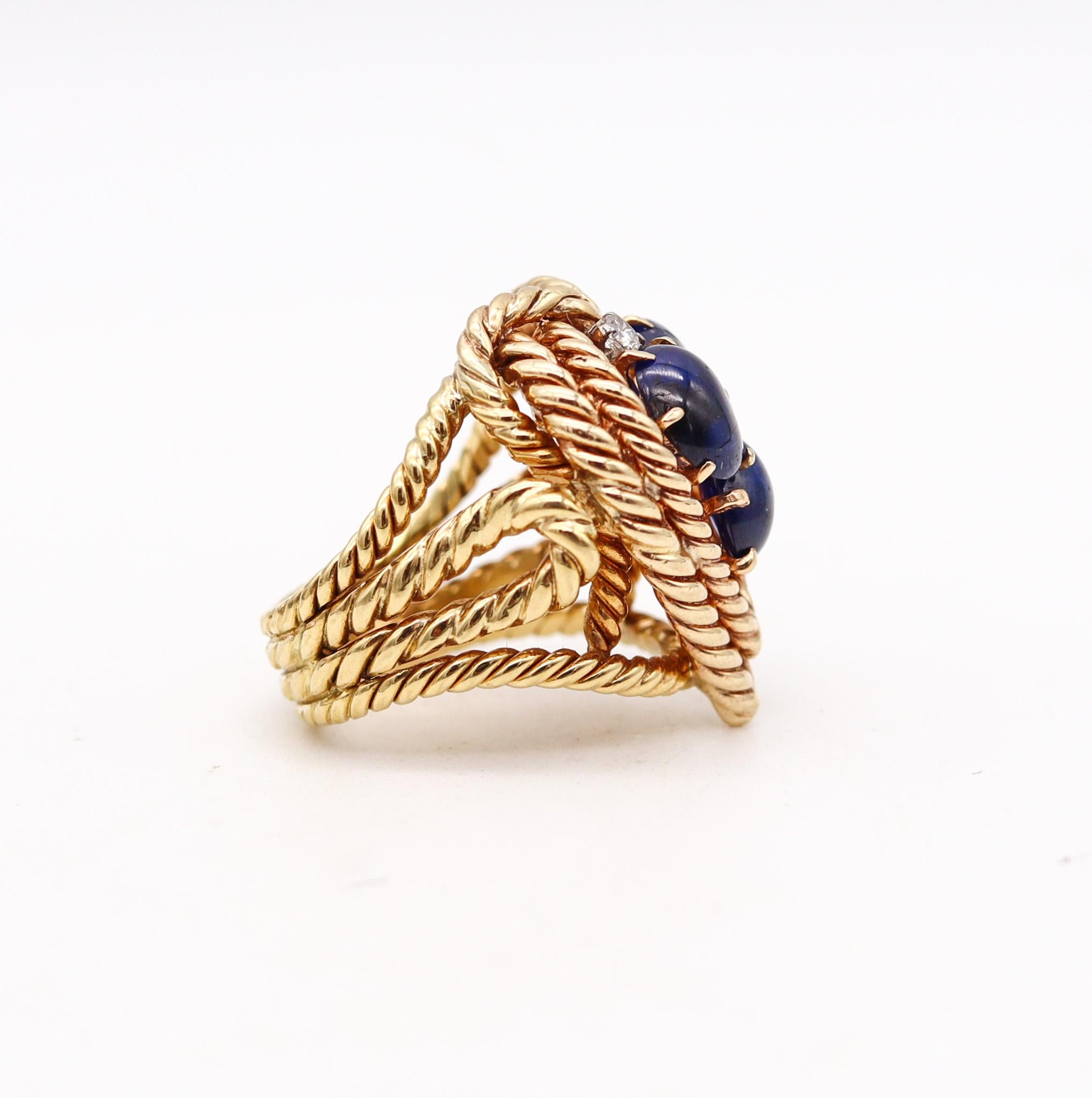 Cabochon Retro Mid Century Cocktail Ring In 18Kt Gold With 5.56 Ctw Sapphires And Diamond For Sale