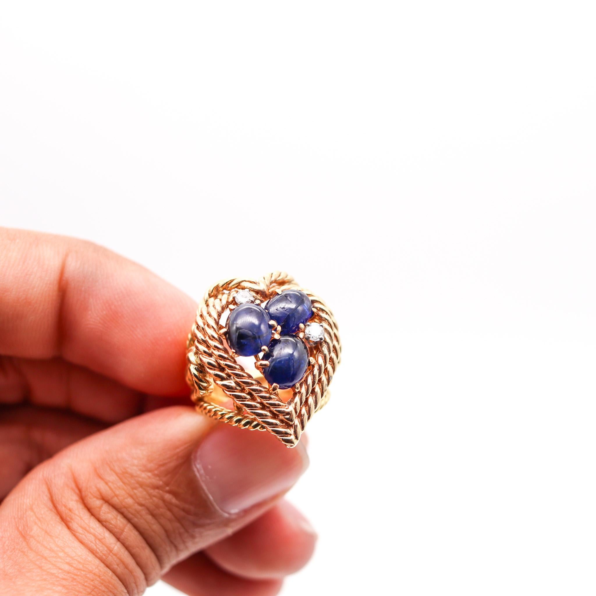 Women's Retro Mid Century Cocktail Ring In 18Kt Gold With 5.56 Ctw Sapphires And Diamond For Sale