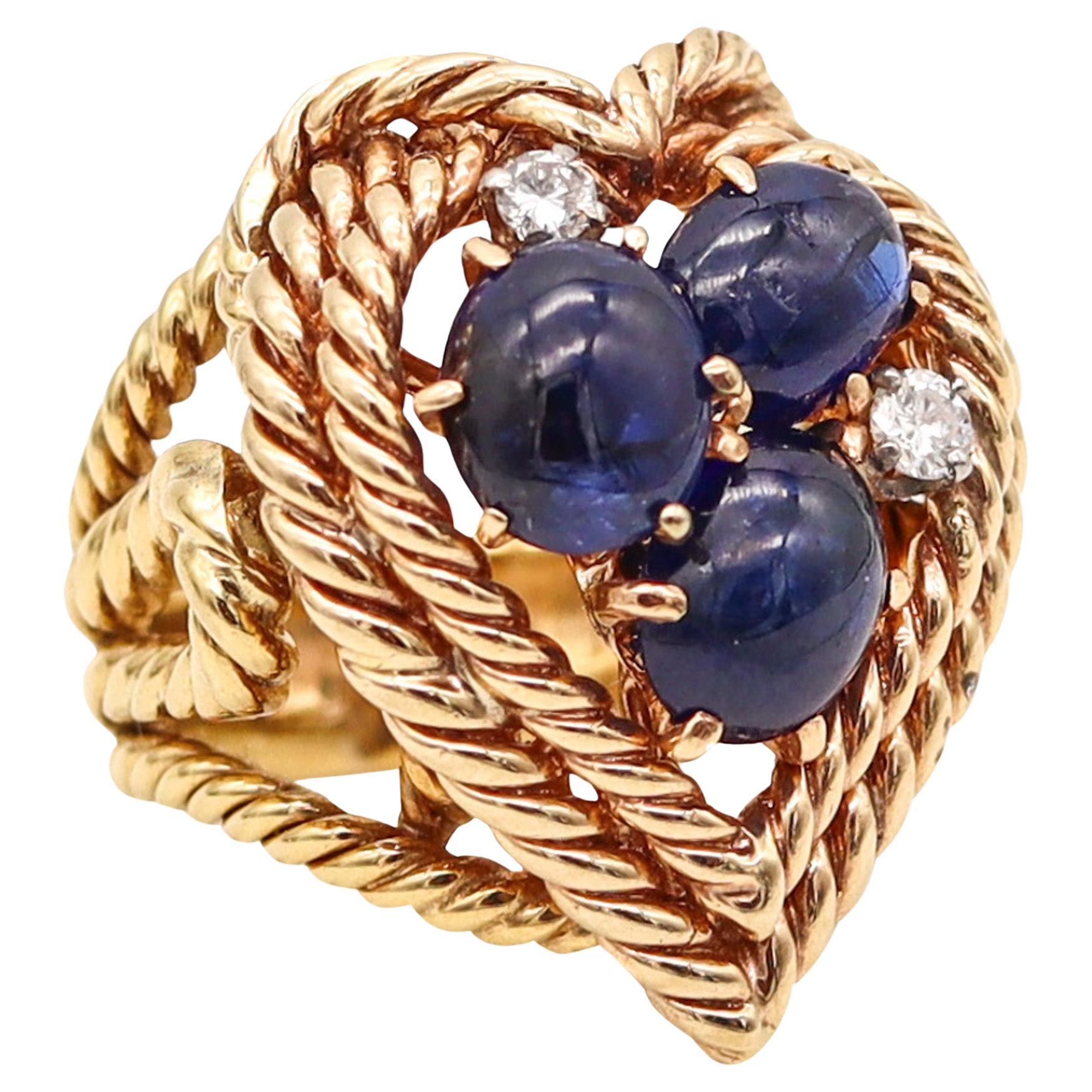 Retro Mid Century Cocktail Ring In 18Kt Gold With 5.56 Ctw Sapphires And Diamond For Sale