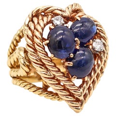 Vintage Mid Century Cocktail Ring In 18Kt Gold With 5.56 Ctw Sapphires And Diamond