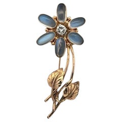 Retro Mid Century Modern Moonstone and Diamond Vintage Gold Brooch Pin