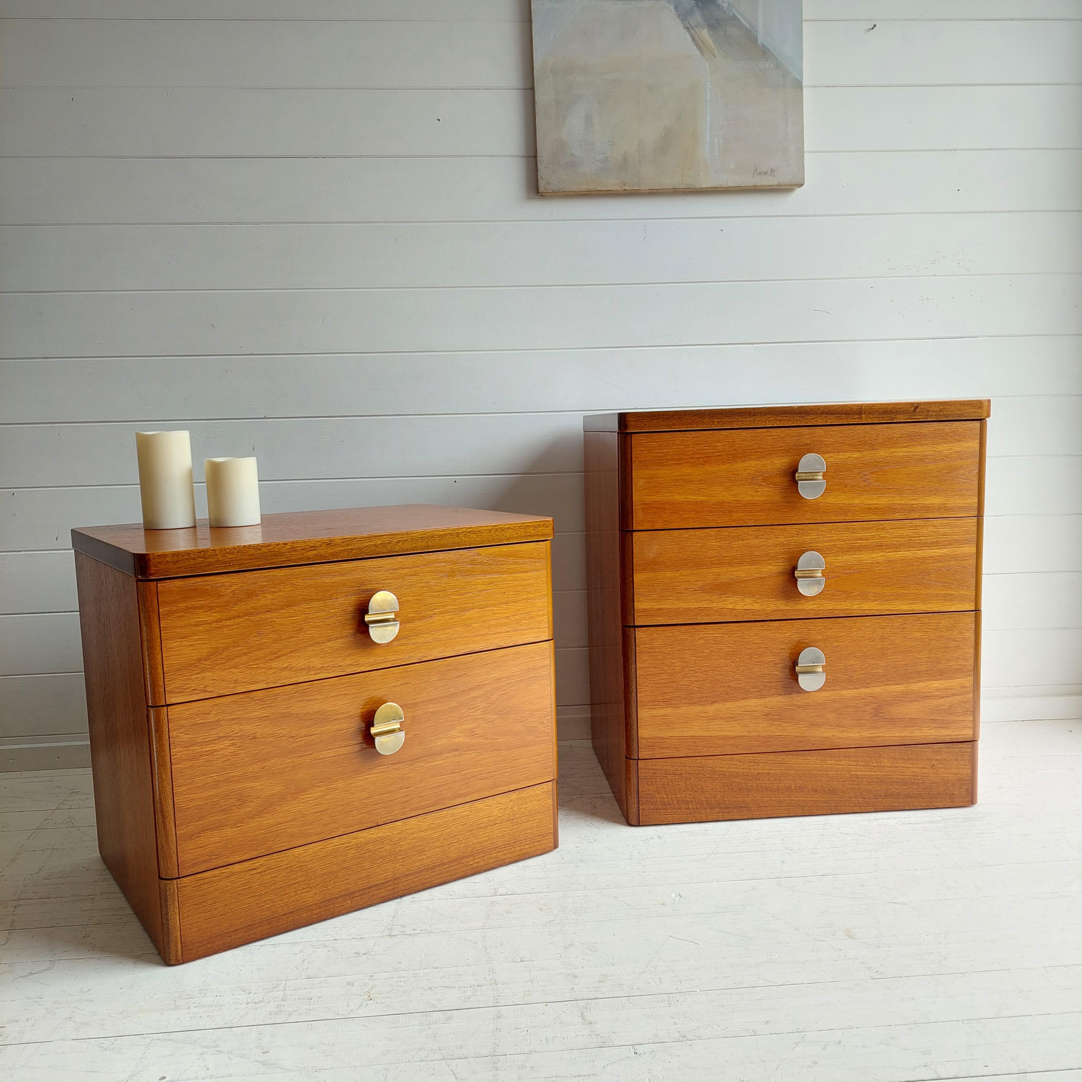 Stag Cantata Teak 2 and 3 Drawer Bedside Cabinets.
Designed by John & Sylvia Reid - Vintage 70s
They really do have a great design.
The units have 2 and 3 drawers allowing for penty of storage while still have a very compact design.
They have