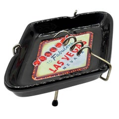 Retro Mid-century Style Black Ceramic Ashtray With Las Vegas Sign & Stand