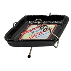 Retro Mid-century Style Black Ceramic Ashtray With Las Vegas Sign & Stand