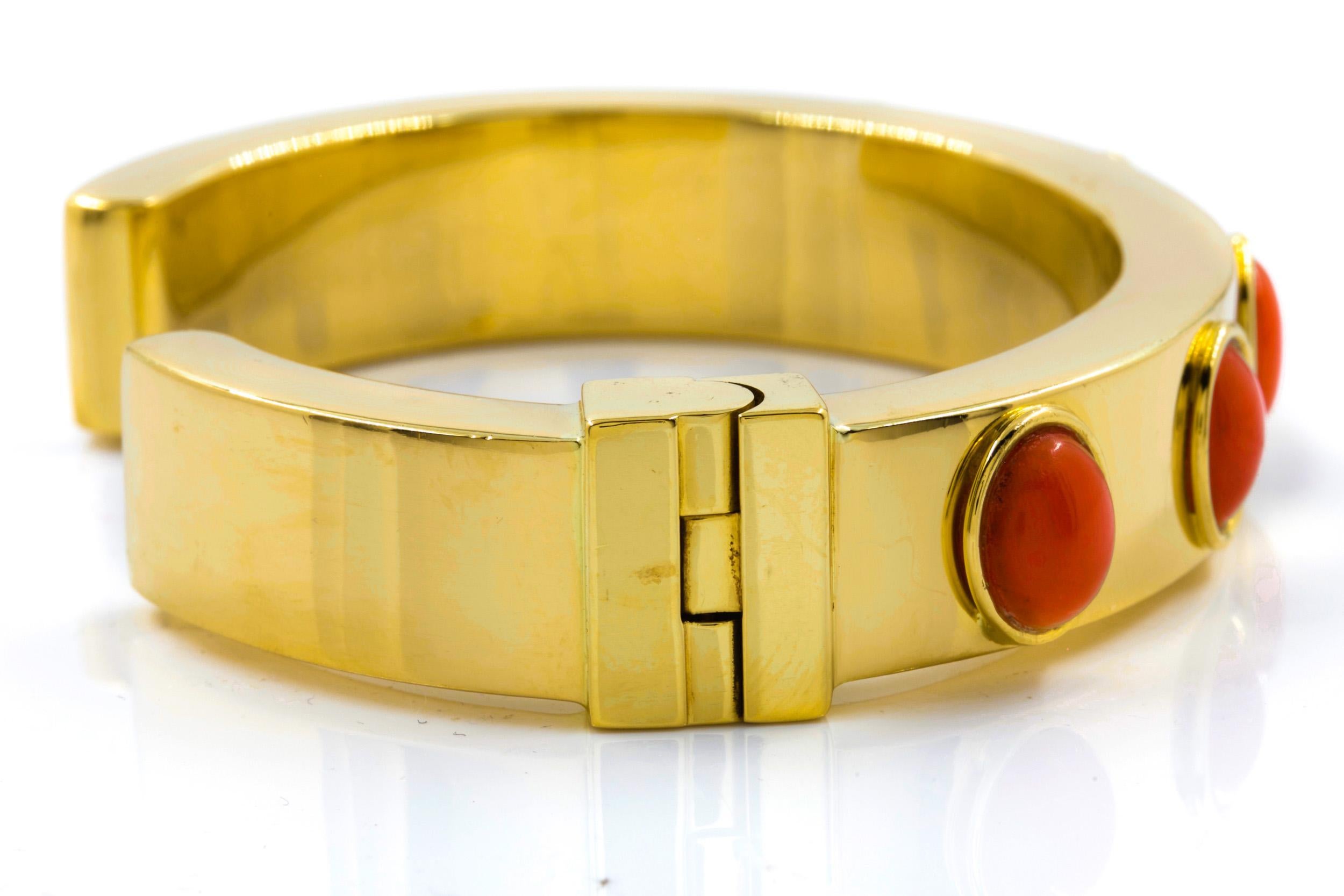 Retro Mid Century Vintage 18K Yellow Gold Hinged Cuff Gem-Set Bracelet 3