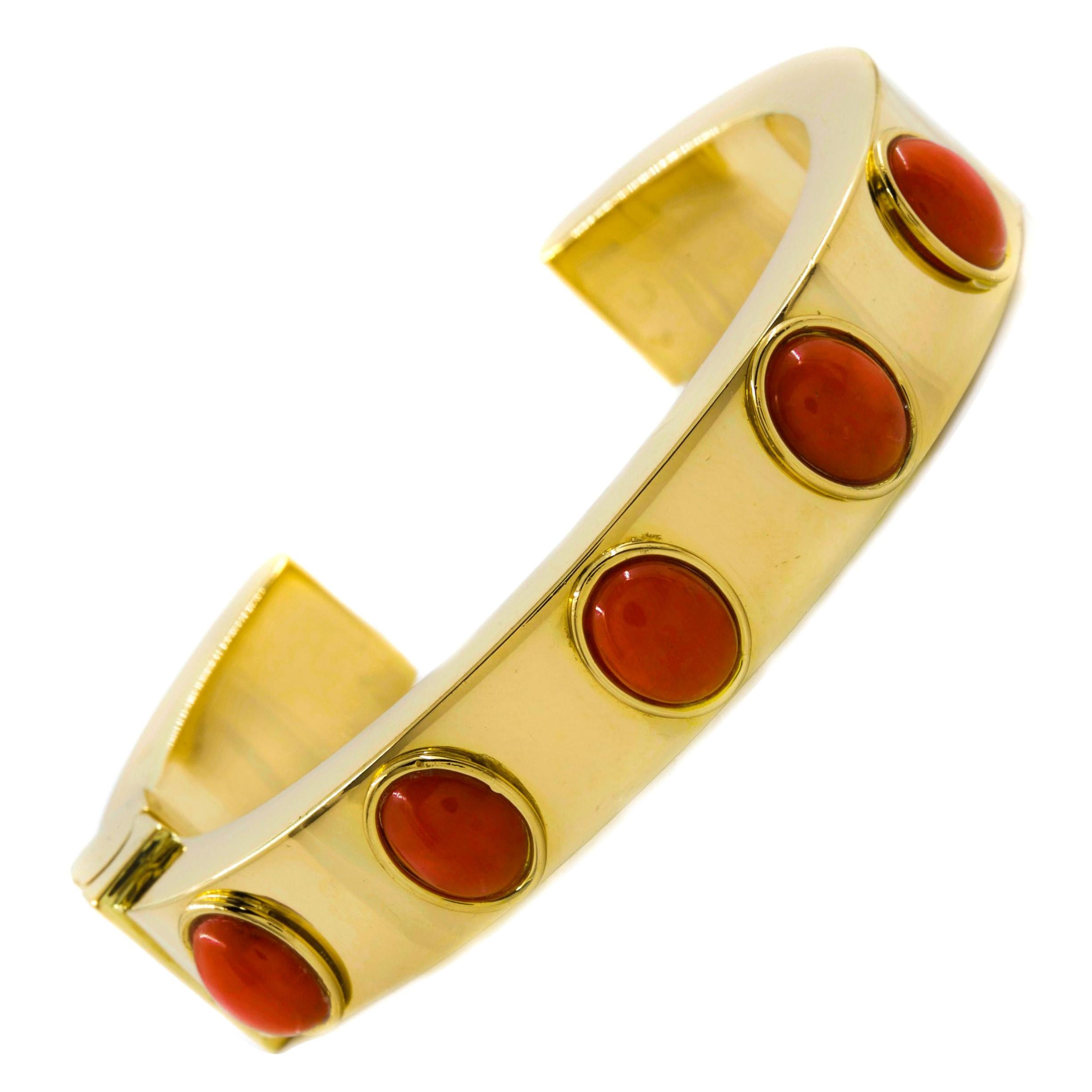 Retro Mid Century Vintage 18K Yellow Gold Hinged Cuff Gem-Set Bracelet