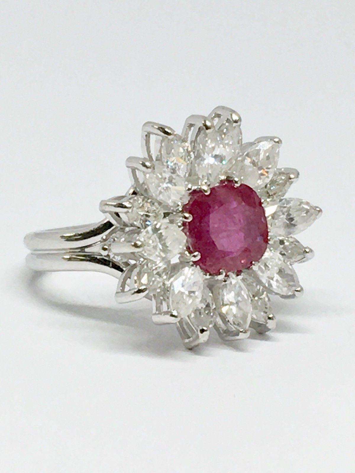 Cushion Cut Retro Midcentury 1950s 4.30 Carat Red Ruby VS Diamond Halo Cluster Cocktail Ring