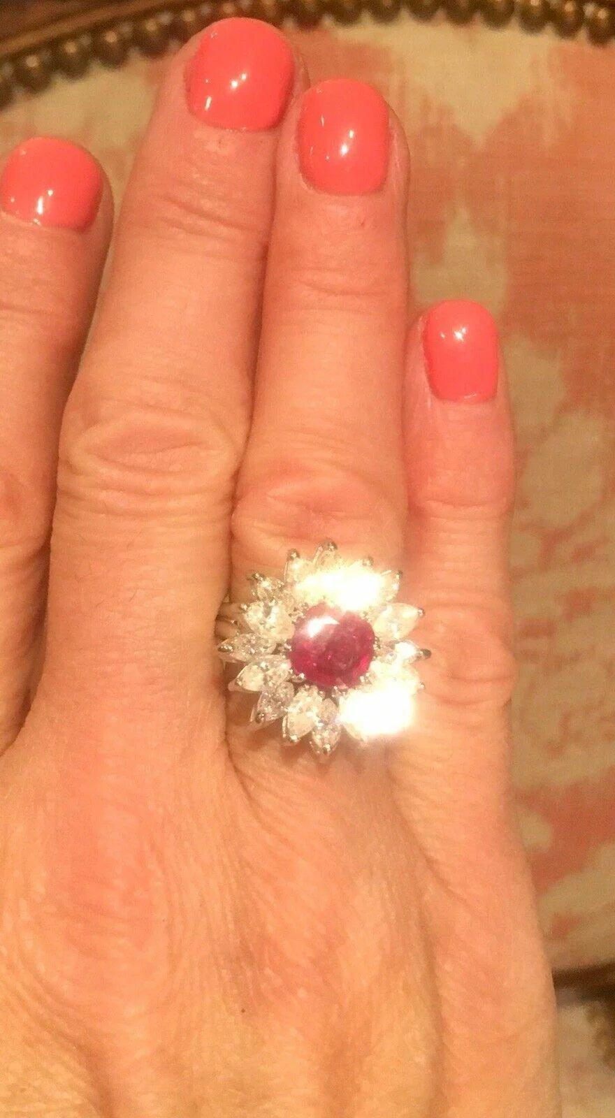 Retro Midcentury 1950s 4.30 Carat Red Ruby VS Diamond Halo Cluster Cocktail Ring 1
