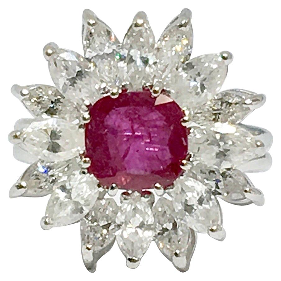 Retro Midcentury 1950s 4.30 Carat Red Ruby VS Diamond Halo Cluster Cocktail Ring