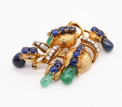 Broche rétro moderne de 1950 en or 18 carats avec 22,68 carats de diamants, saphirs et émeraudes
