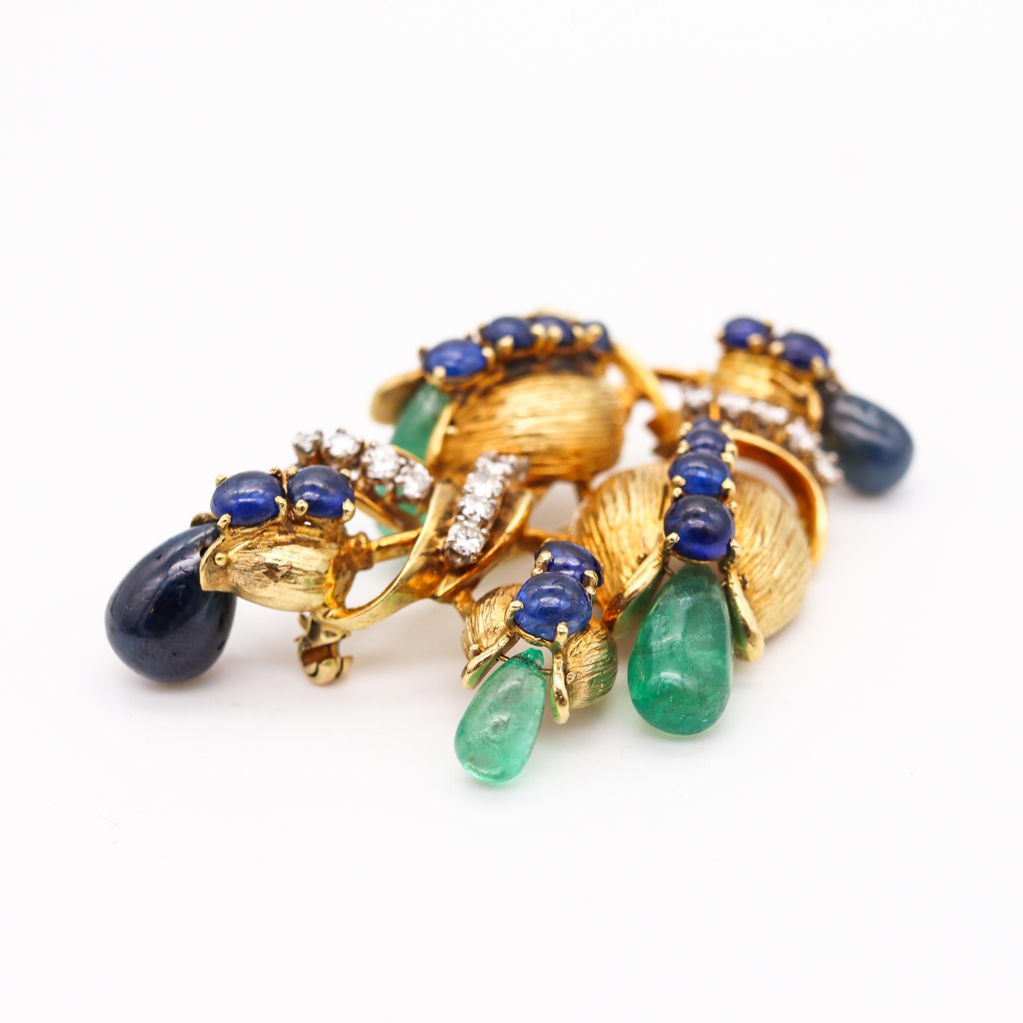 Brilliant Cut Retro Modern 1950 Brooch 18kt Gold with 22.68ctw Diamonds Sapphires & Emeralds For Sale