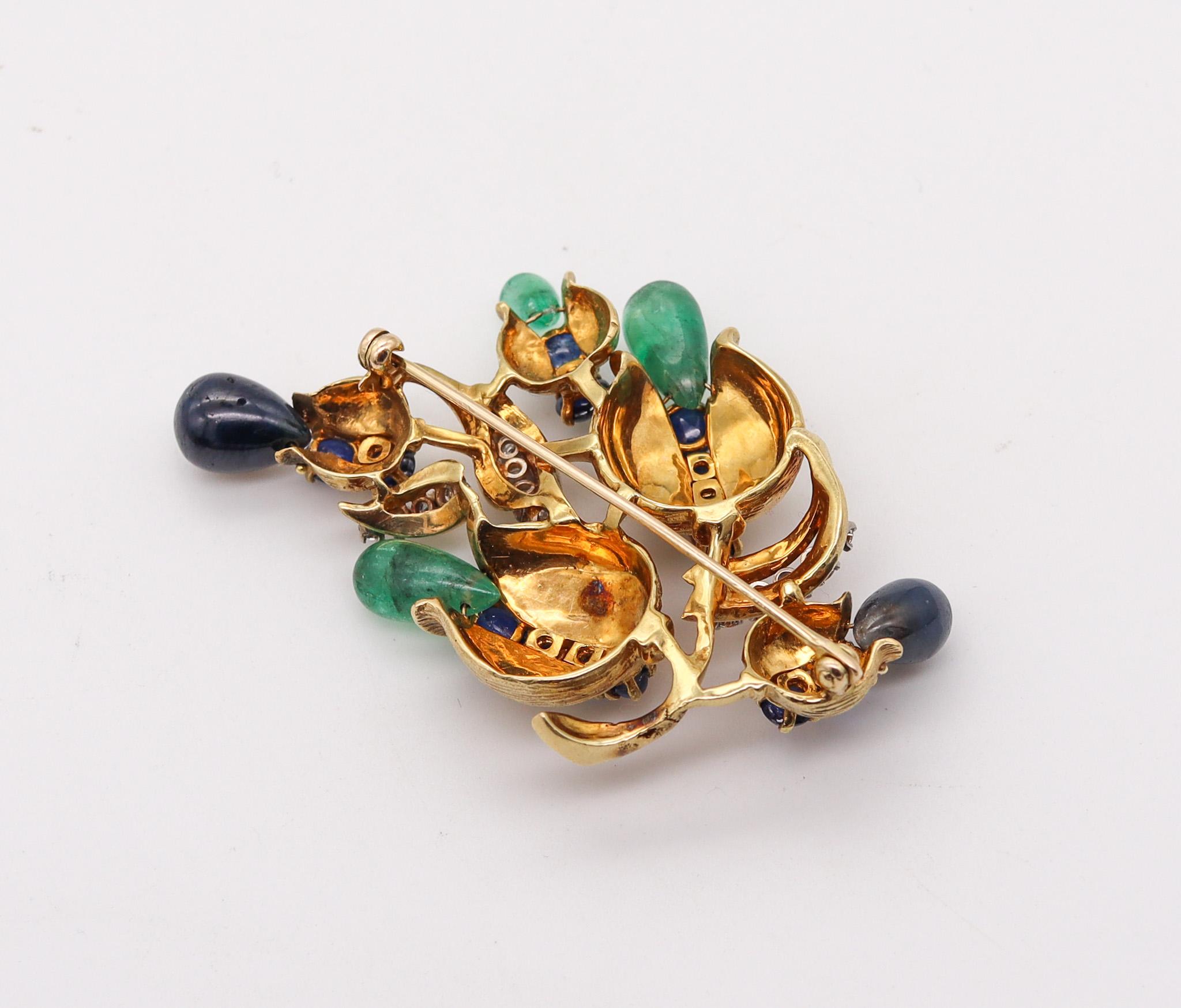 Retro Modern 1950 Brooch 18kt Gold with 22.68ctw Diamonds Sapphires & Emeralds In Excellent Condition For Sale In Miami, FL