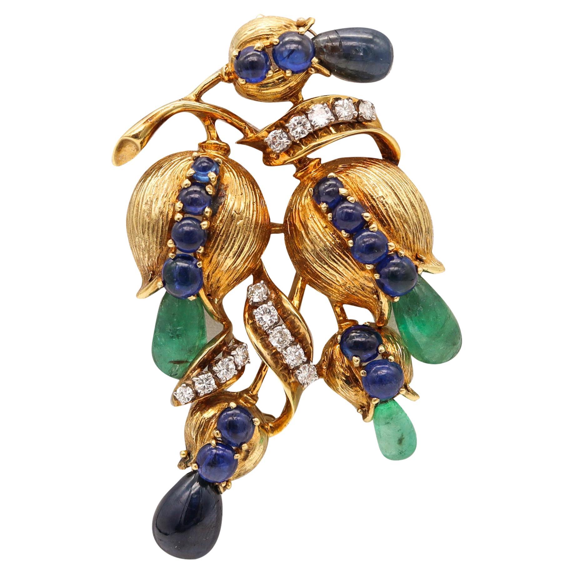 Retro Modern 1950 Brooch 18kt Gold with 22.68ctw Diamonds Sapphires & Emeralds For Sale