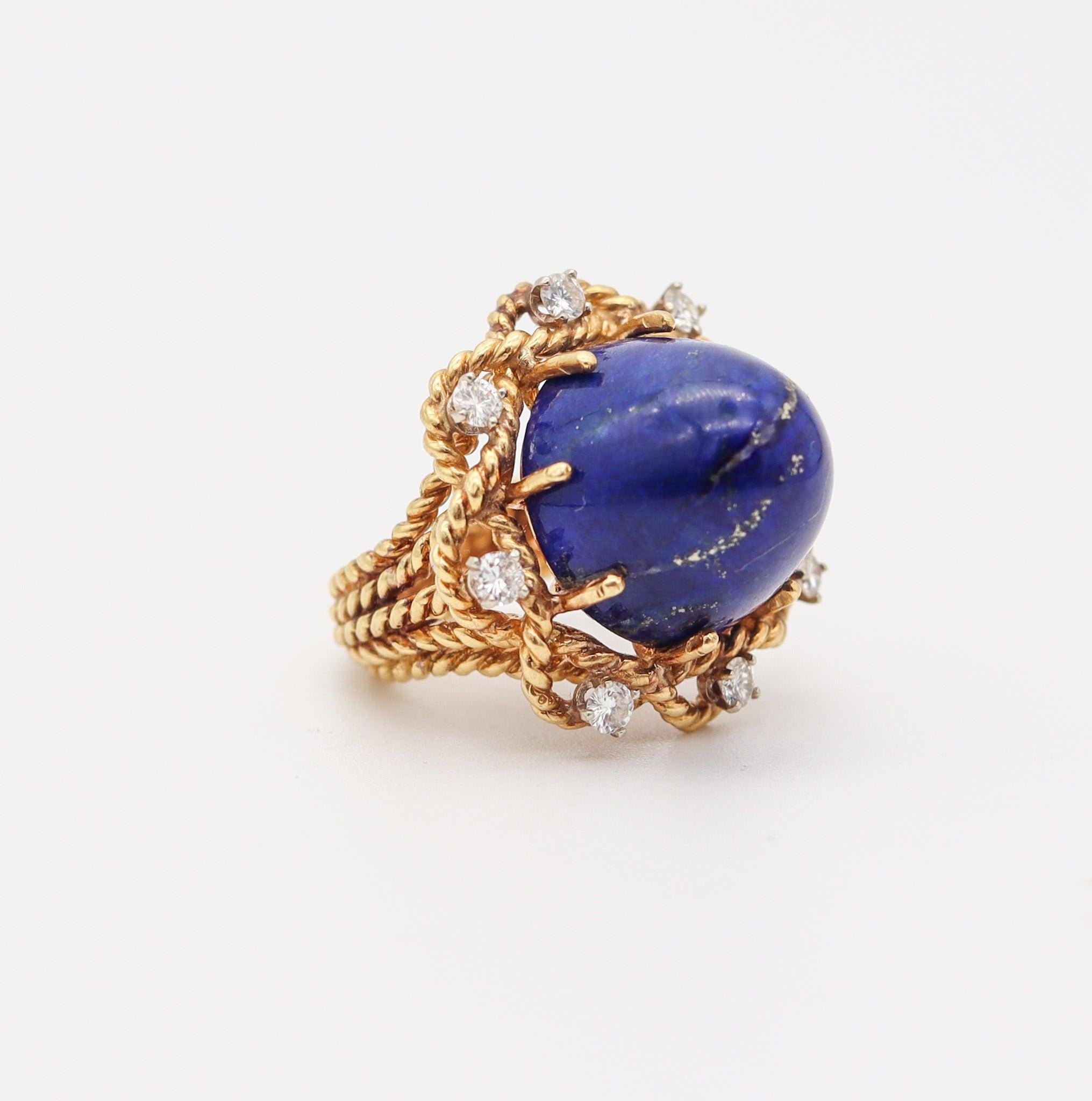Retro RETRO MODERN 1960 Cocktail Ring In 18Kt Yellow Gold With Lapis And Diamonds For Sale