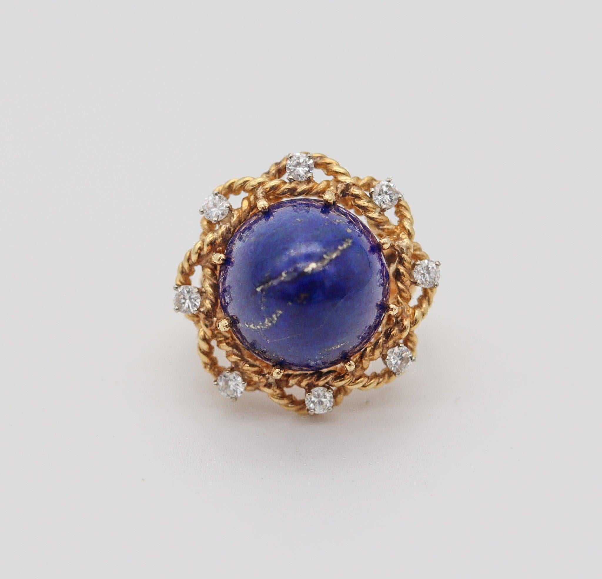 Bullet Cut RETRO MODERN 1960 Cocktail Ring In 18Kt Yellow Gold With Lapis And Diamonds For Sale