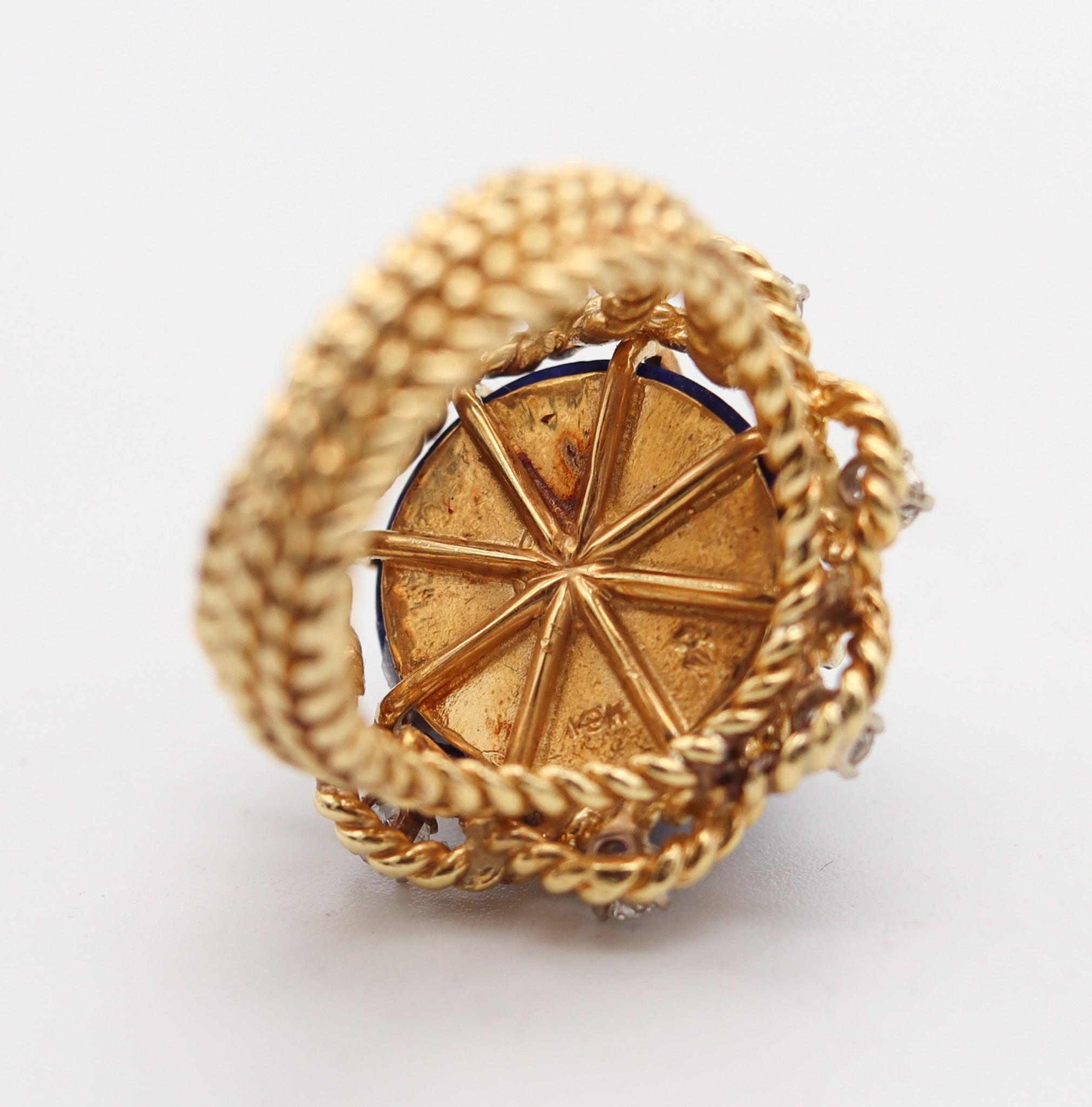 Women's RETRO MODERN 1960 Cocktail Ring In 18Kt Yellow Gold With Lapis And Diamonds For Sale