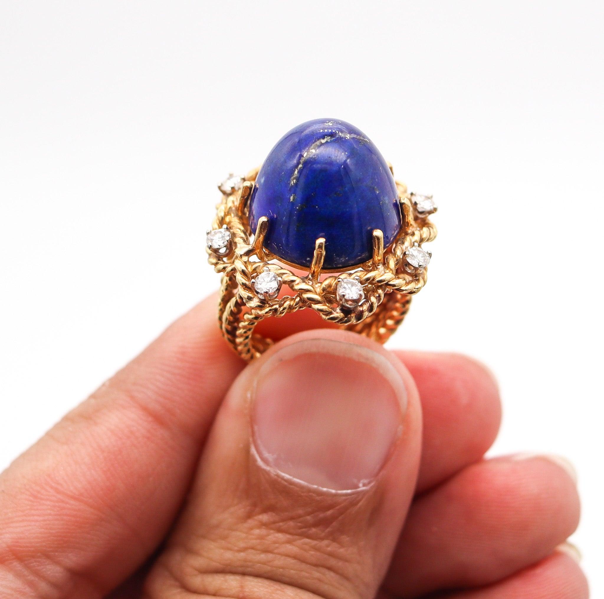 RETRO MODERN 1960 Cocktail Ring In 18Kt Yellow Gold With Lapis And Diamonds For Sale 1