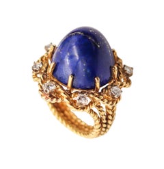 RETRO MODERNO 1960 Anillo de cóctel de oro amarillo de 18 quilates con lapislázuli y diamantes