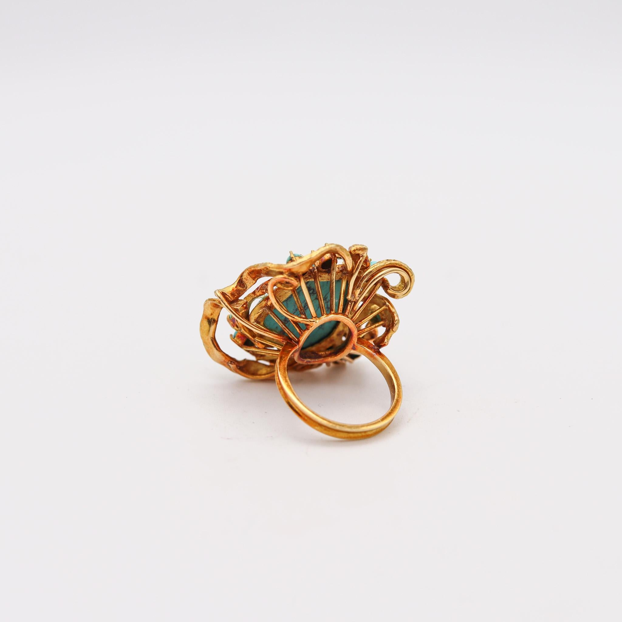 Retro Modern 1960  Italian Free Form Cocktail Ring In 18Kt Gold With Turquoises In Excellent Condition For Sale In Miami, FL