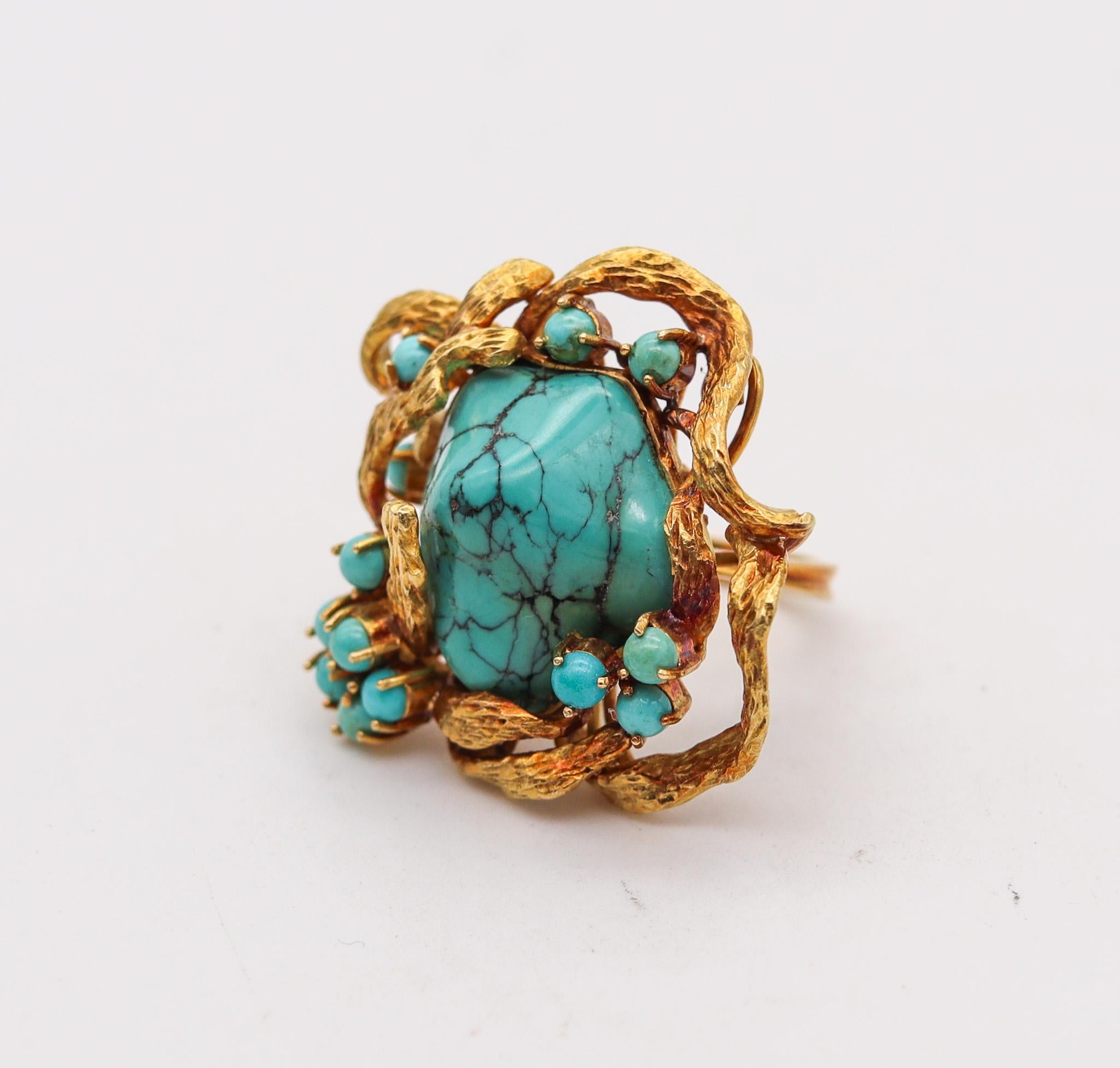 Women's Retro Modern 1960  Italian Free Form Cocktail Ring In 18Kt Gold With Turquoises For Sale