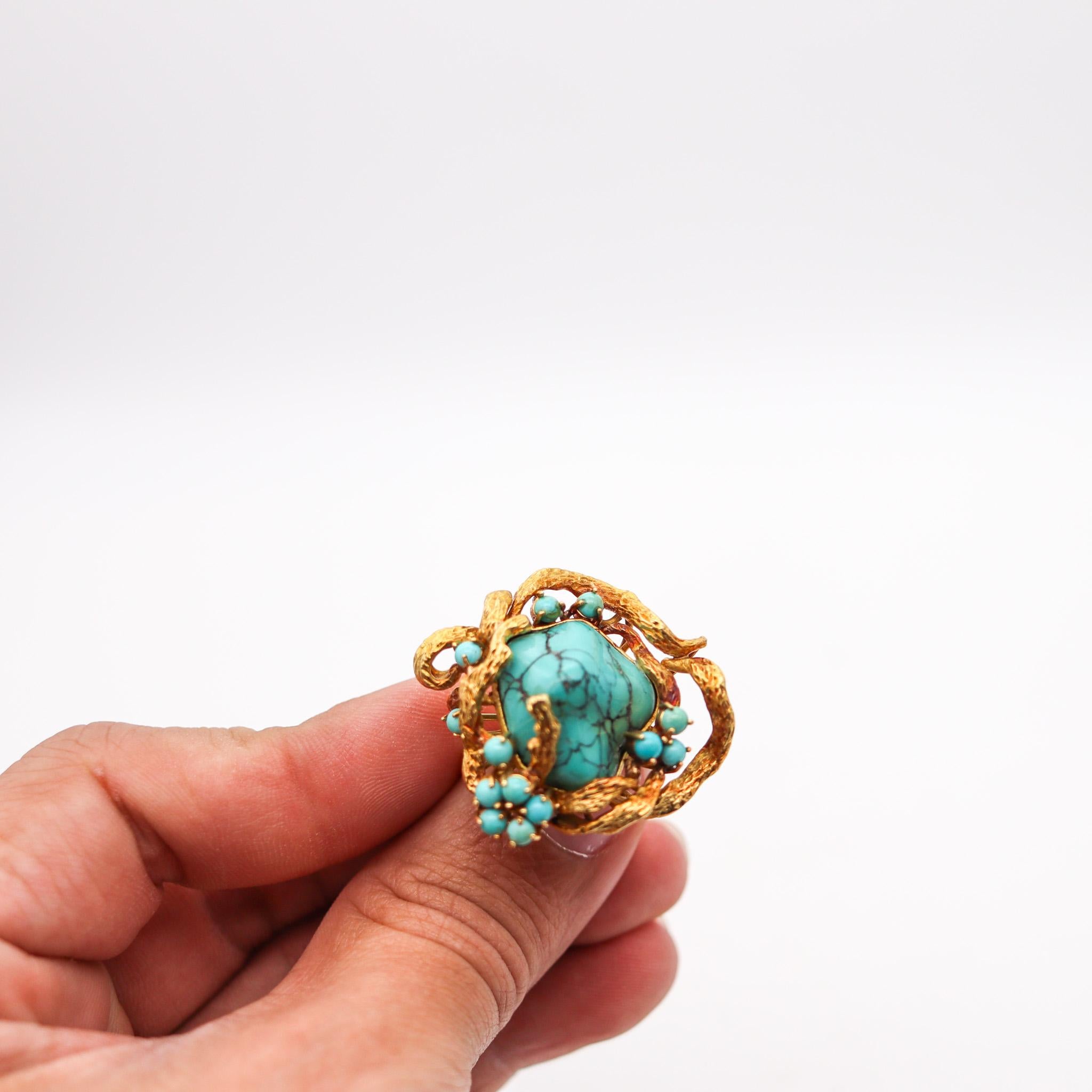 Retro Modern 1960  Italian Free Form Cocktail Ring In 18Kt Gold With Turquoises For Sale 1